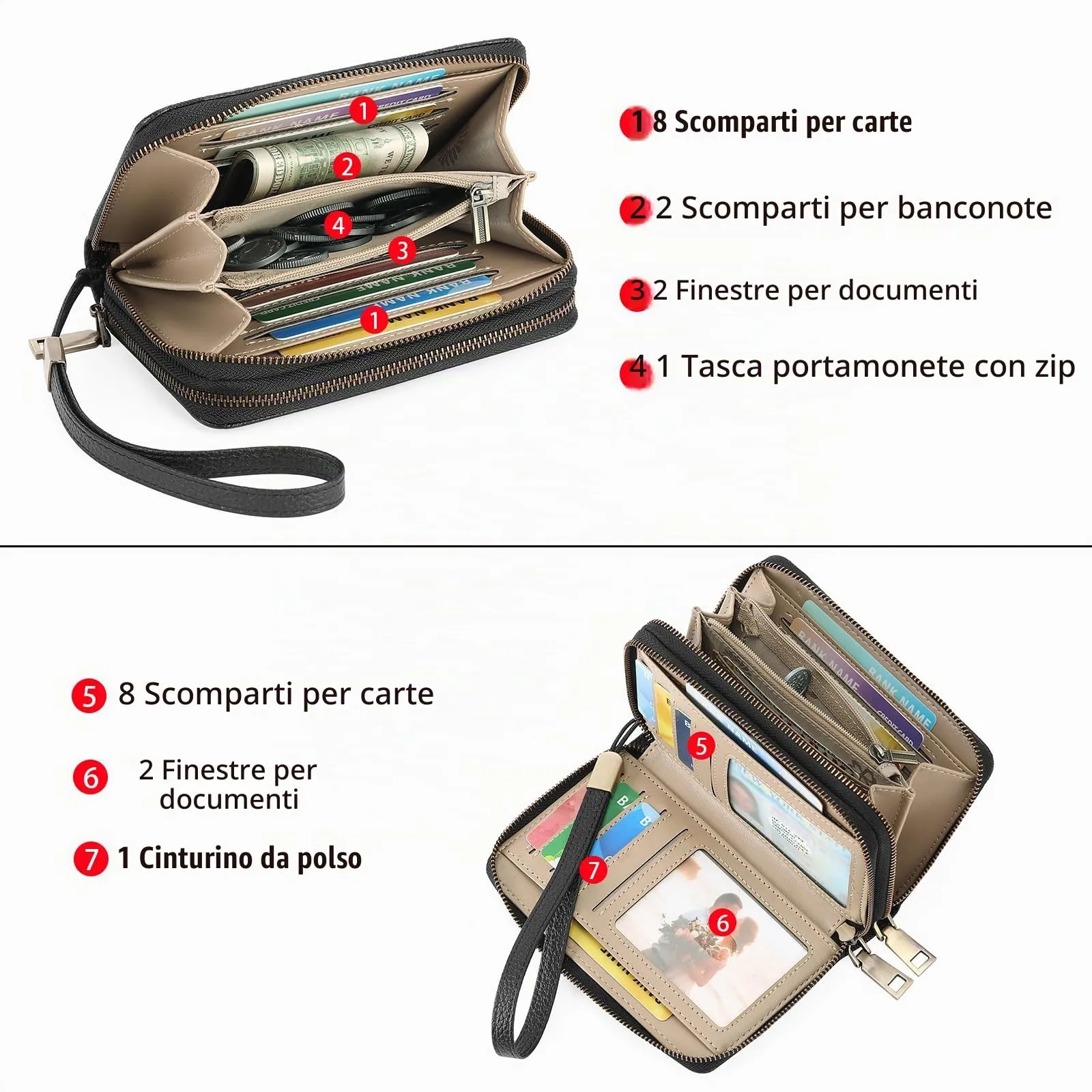 GOIACII Portafoglio Donna Medio Pelle Blocco RFID Porta Carta di Credito Doppia Cerniera Portamonete con Cinturino - immagine 6
