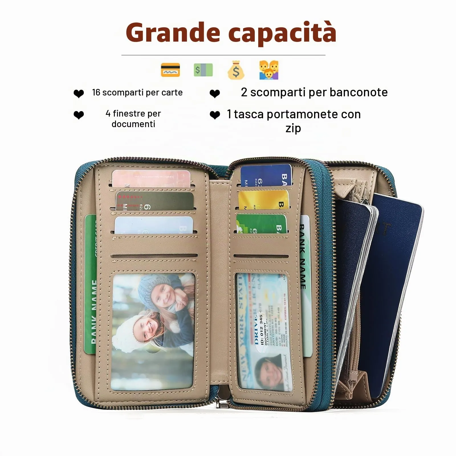 GOIACII Portafoglio Donna Medio Pelle Blocco RFID Porta Carta di Credito Doppia Cerniera Portamonete con Cinturino - immagine 2