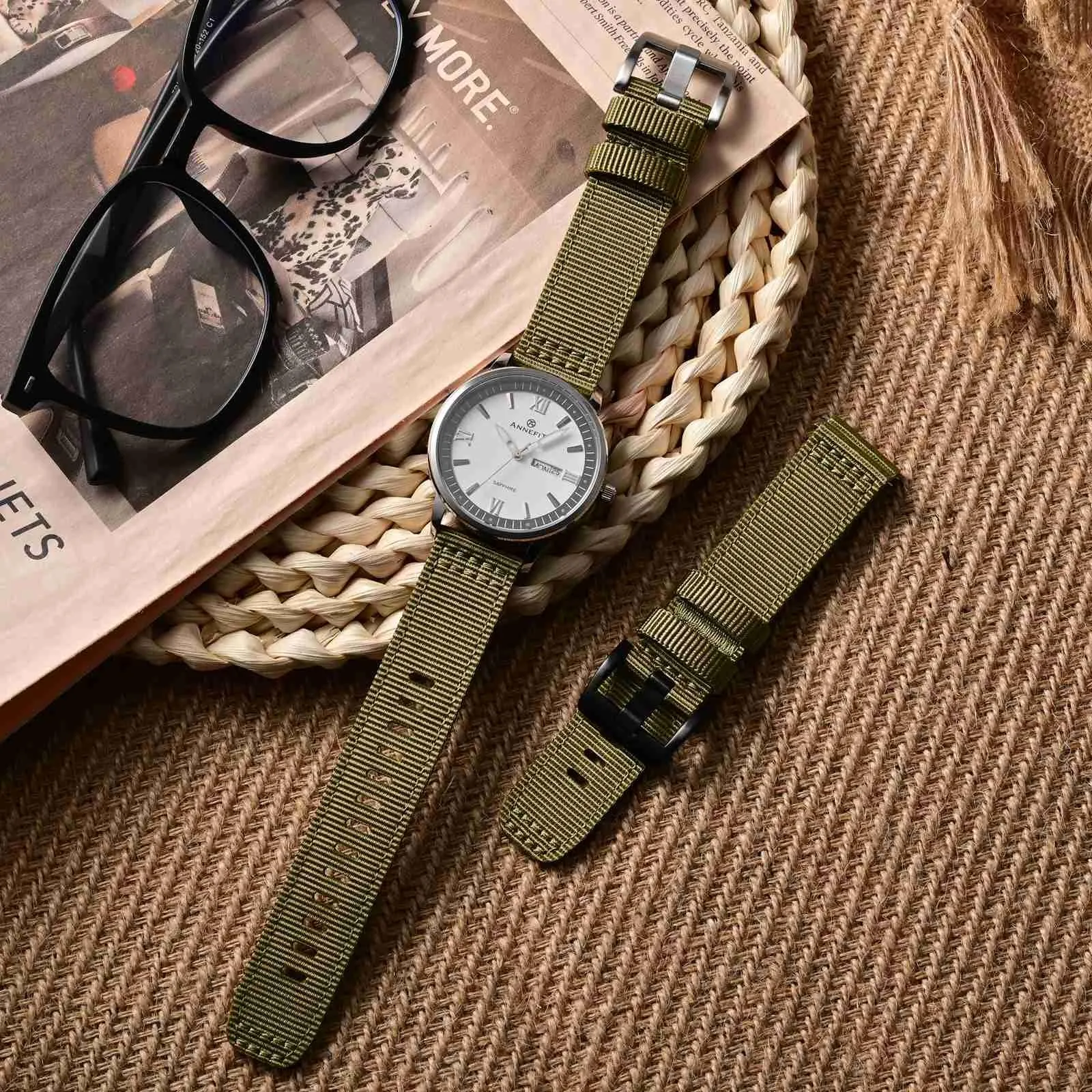 ANNEFIT Cinturino Orologio Nylon 18mm, Cinturini per Orologi Militari a Sgancio Rapido per Uomo Donna (Verde Oliva) - immagine 2