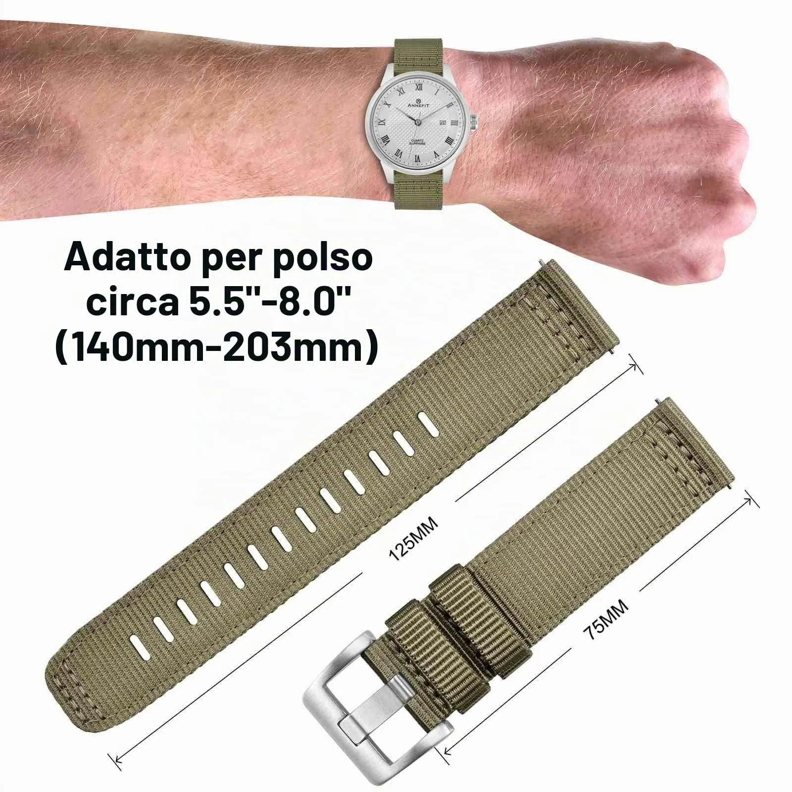ANNEFIT Cinturino Orologio Nylon 18mm, Cinturini per Orologi Militari a Sgancio Rapido per Uomo Donna (Verde Oliva) - immagine 4