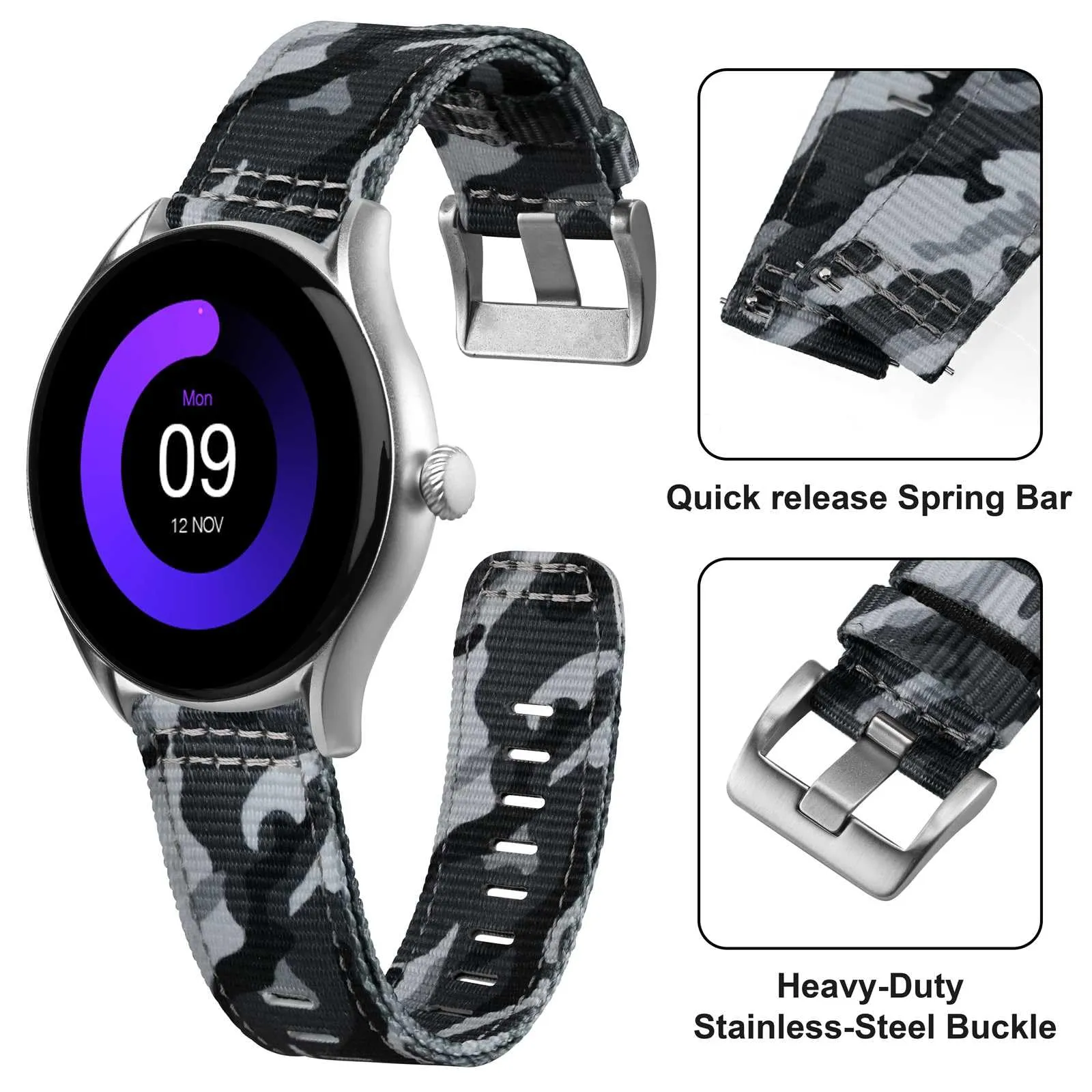ANNEFIT Cinturino Orologio Nylon 22mm, Cinturini per Orologi Militari a Sgancio Rapido per Uomo Donna (Grigio Mimetico) - immagine 3