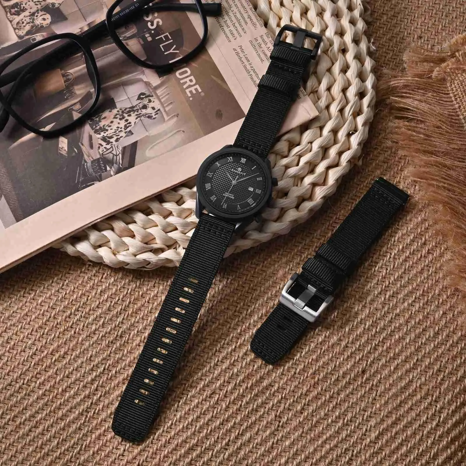 ANNEFIT Cinturino Orologio Nylon 26mm con Fibbia Nera, Cinturini per Orologi Militari a Sgancio Rapido per Uomo Donna (Nero) - immagine 2