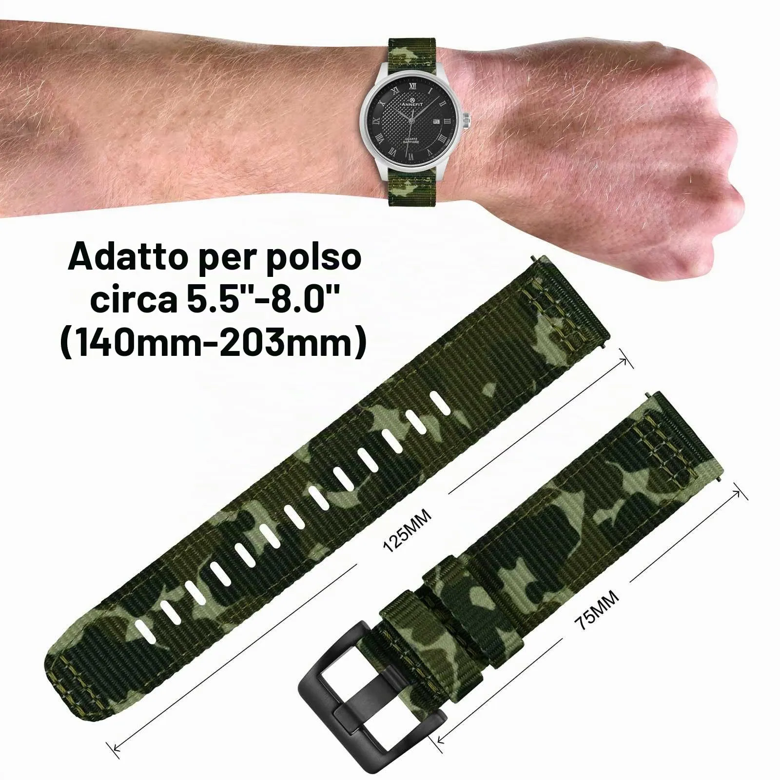 ANNEFIT Cinturino Orologio Nylon 22mm con Fibbia Nera, Cinturini per Orologi Militari a Sgancio Rapido per Uomo Donna (Verde Mimetico) - immagine 4