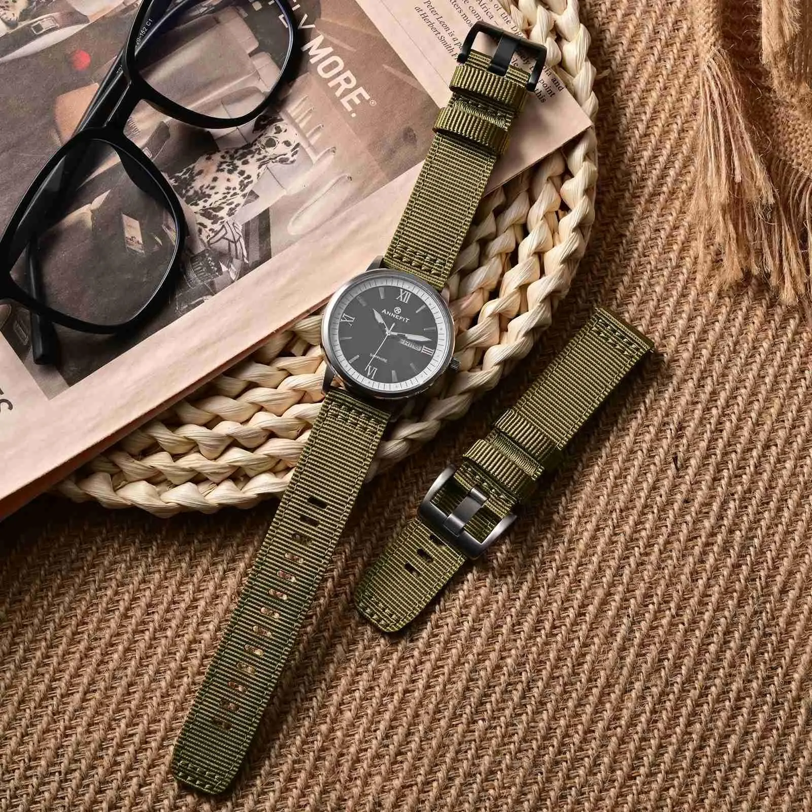 ANNEFIT Cinturino Orologio Nylon 18mm con Fibbia Nera, Cinturini per Orologi Militari a Sgancio Rapido per Uomo Donna (Verde Oliva) - immagine 2