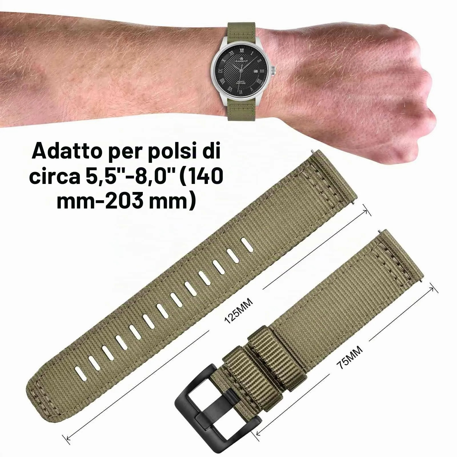 ANNEFIT Cinturino Orologio Nylon 18mm con Fibbia Nera, Cinturini per Orologi Militari a Sgancio Rapido per Uomo Donna (Verde Oliva) - immagine 4