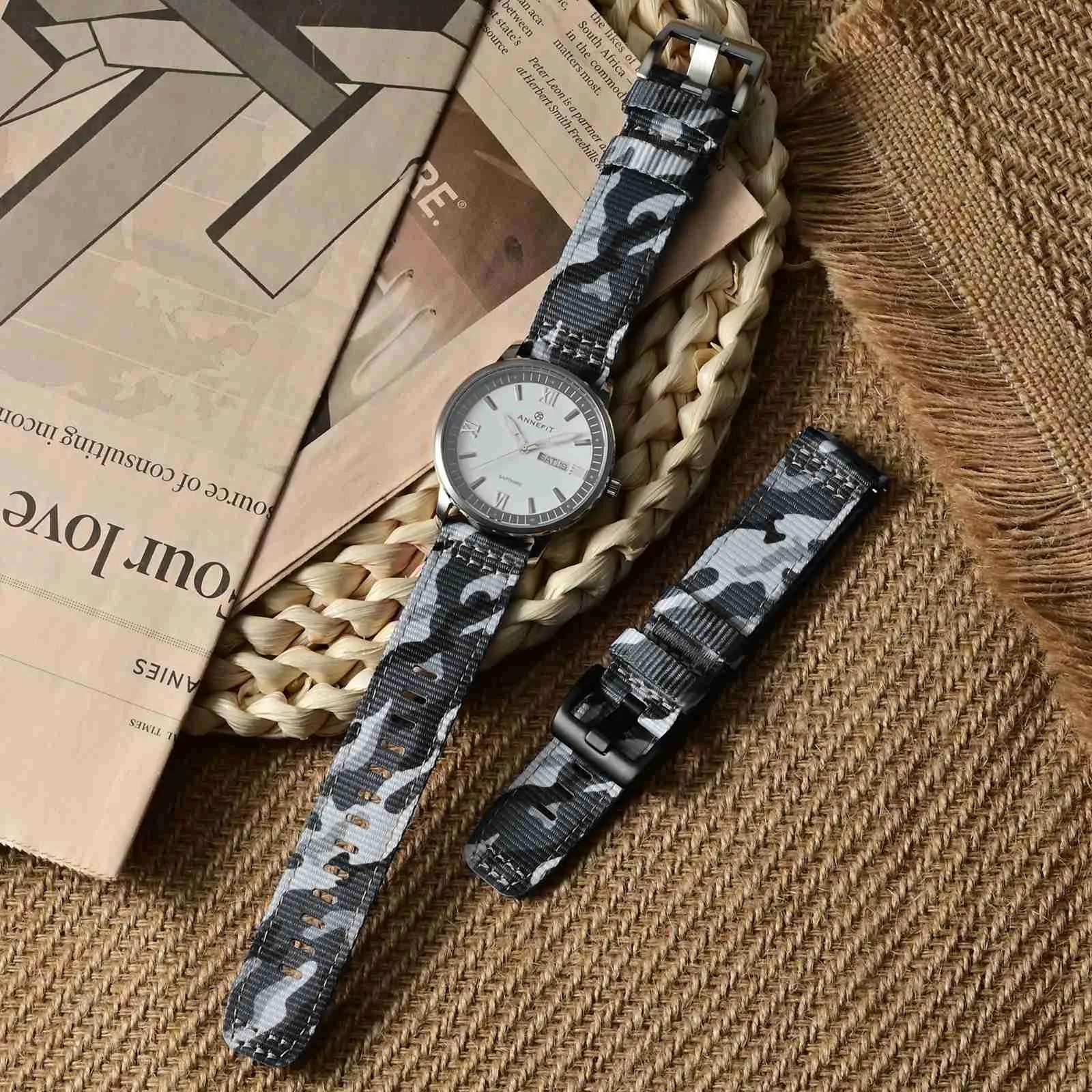 ANNEFIT Cinturino Orologio Nylon 18mm, Cinturini per Orologi Militari a Sgancio Rapido per Uomo Donna (Grigio Mimetico) - immagine 2
