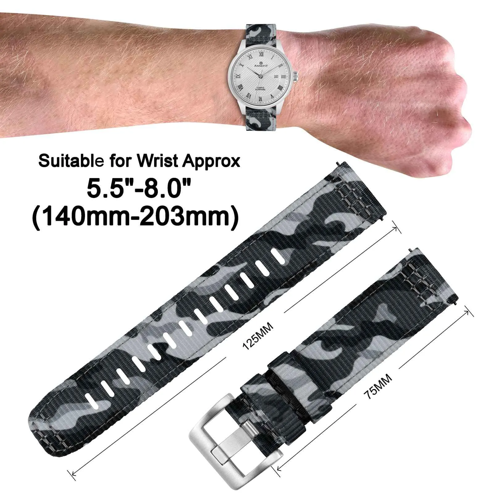 ANNEFIT Cinturino Orologio Nylon 18mm, Cinturini per Orologi Militari a Sgancio Rapido per Uomo Donna (Grigio Mimetico) - immagine 4