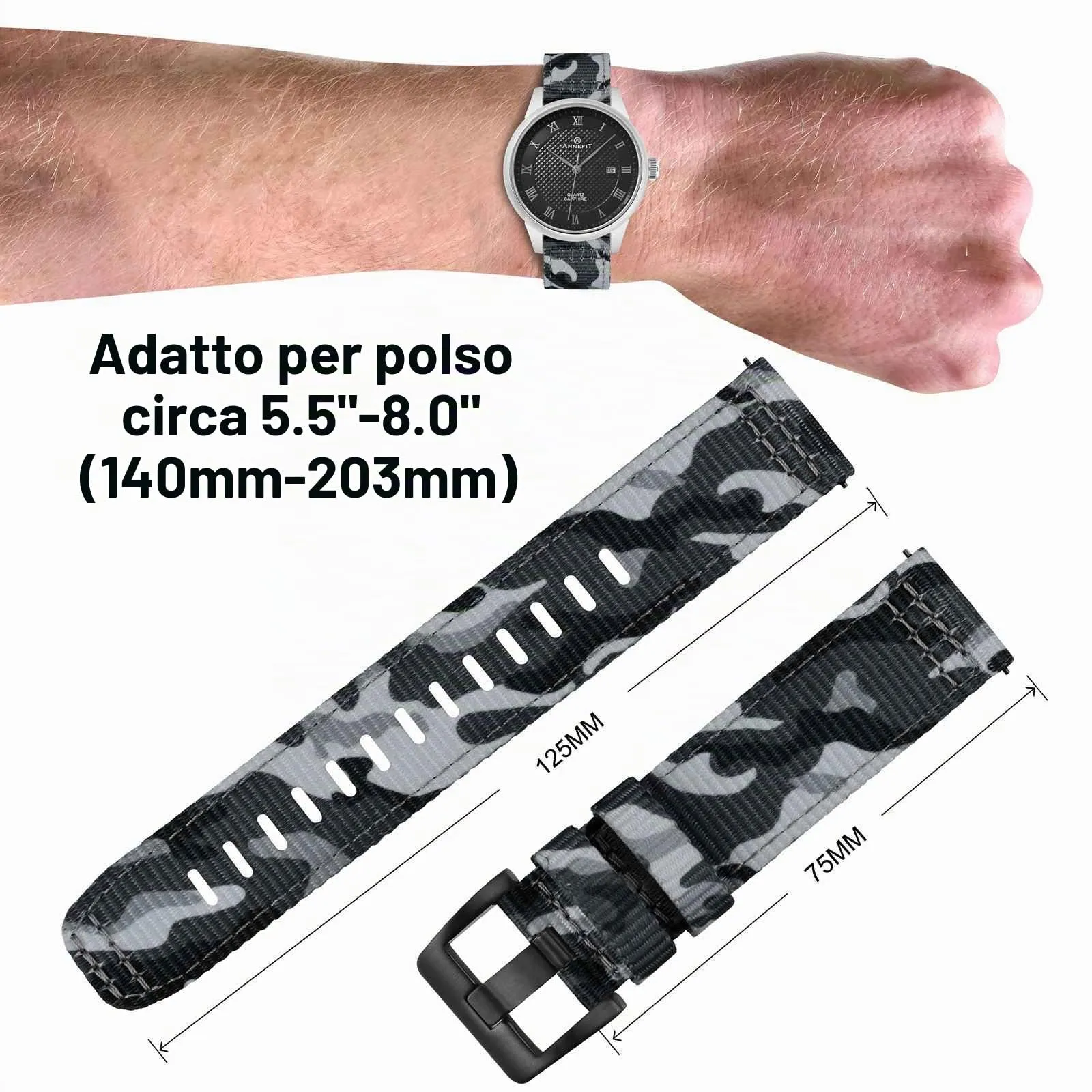 ANNEFIT Cinturino Orologio Nylon 22mm con Fibbia Nera, Cinturini per Orologi Militari a Sgancio Rapido per Uomo Donna (Grigio Mimetico) - immagine 4