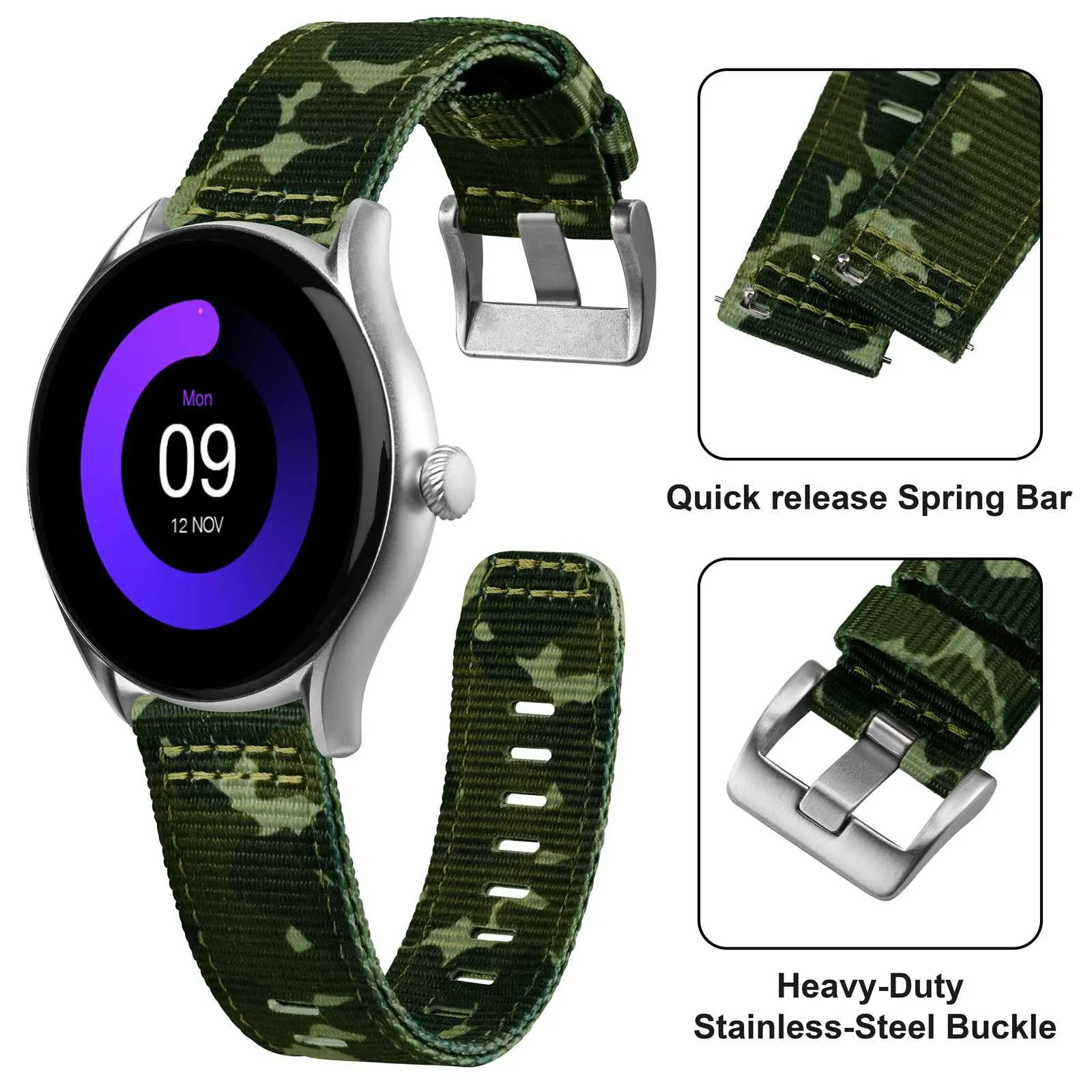 ANNEFIT Cinturino Orologio Nylon 20mm, Cinturini per Orologi Militari a Sgancio Rapido per Uomo Donna (Verde Mimetico) - immagine 3