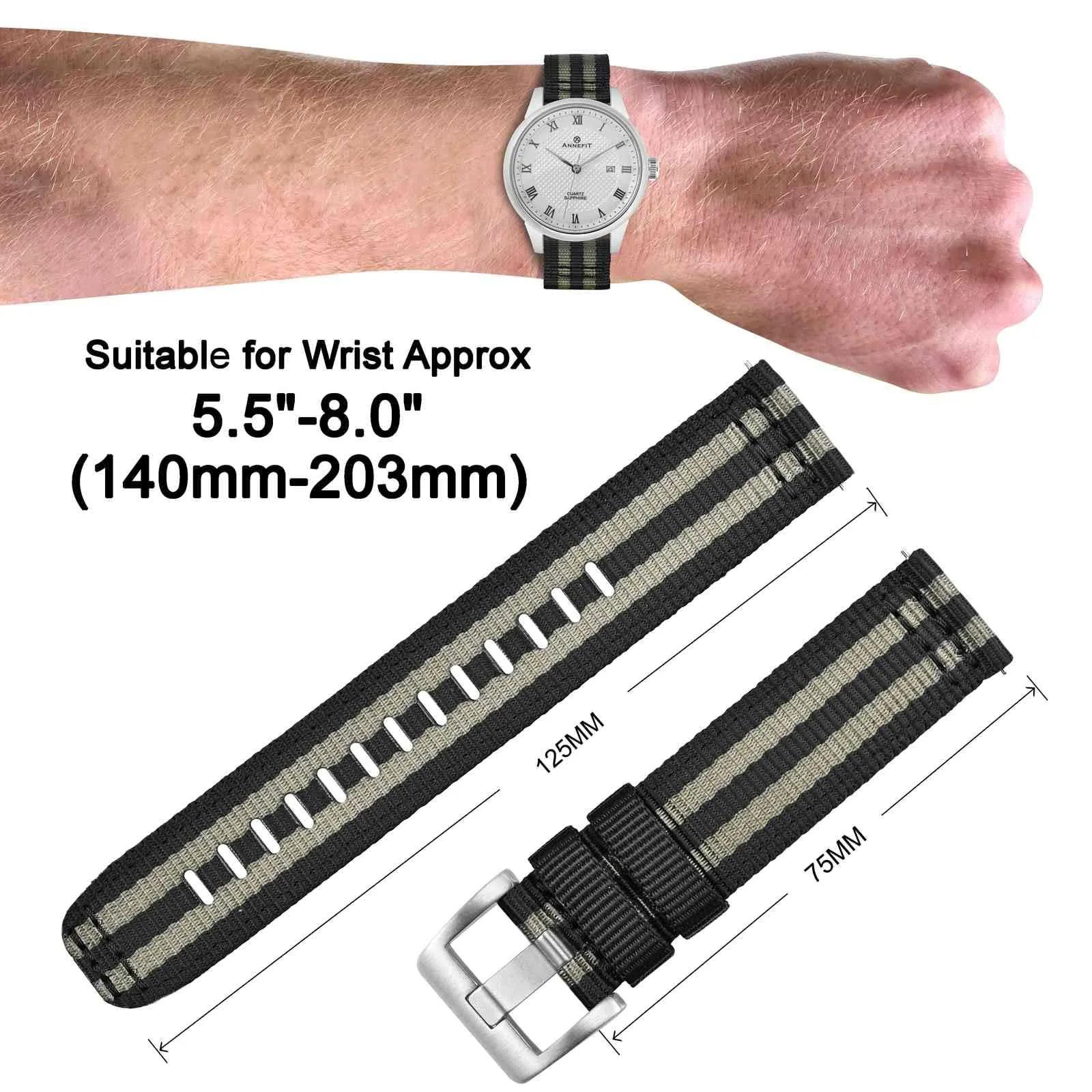 ANNEFIT Cinturino Orologio Nylon 26mm, Cinturini per Orologi Militari a Sgancio Rapido per Uomo Donna (Nero/Grigio) - immagine 4