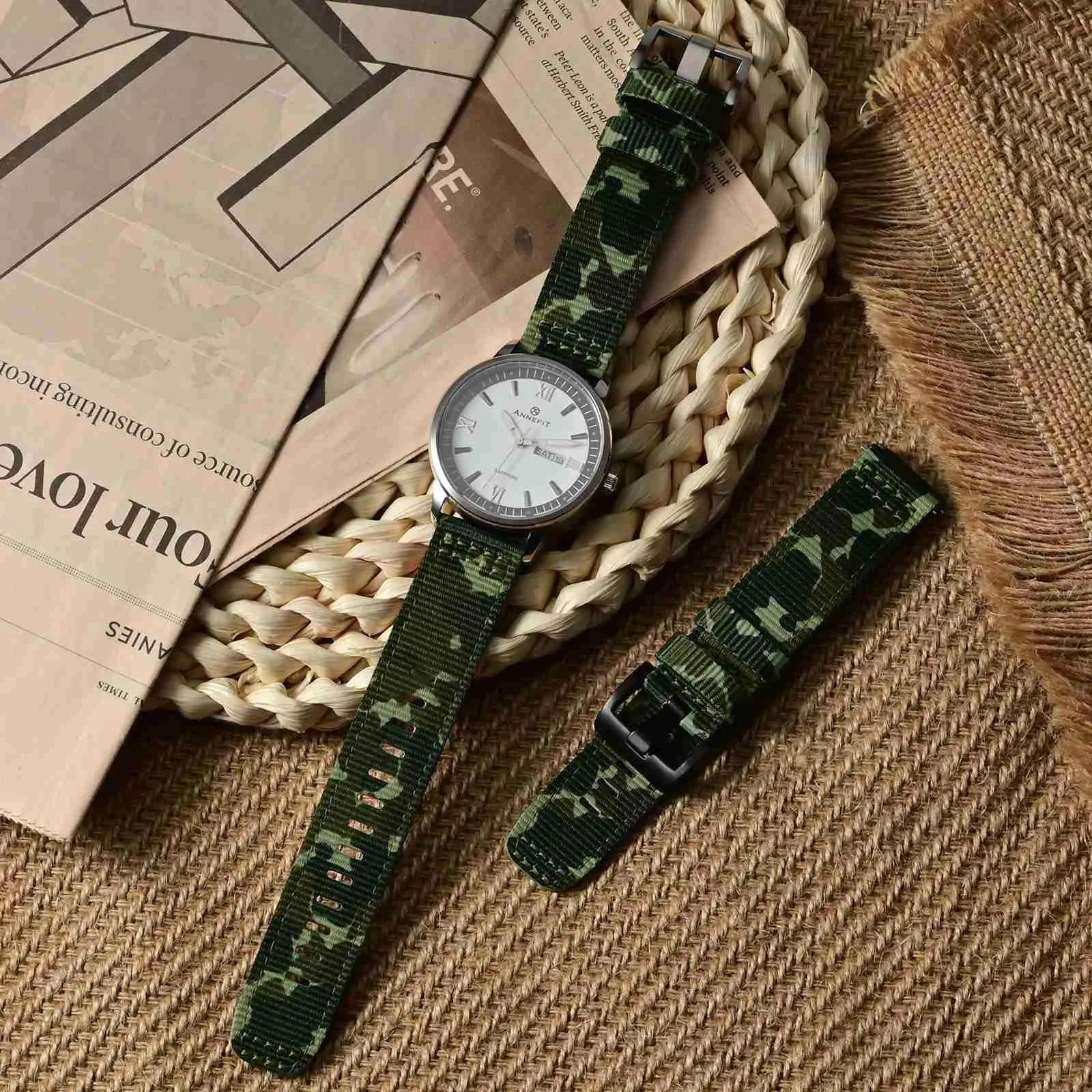 ANNEFIT Cinturino Orologio Nylon 18mm, Cinturini per Orologi Militari a Sgancio Rapido per Uomo Donna (Verde Mimetico) - immagine 2