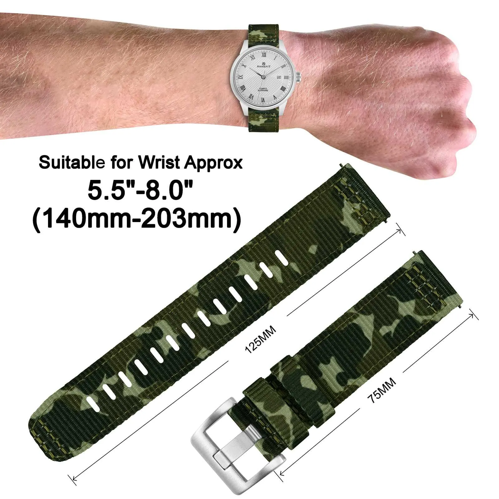 ANNEFIT Cinturino Orologio Nylon 18mm, Cinturini per Orologi Militari a Sgancio Rapido per Uomo Donna (Verde Mimetico) - immagine 4
