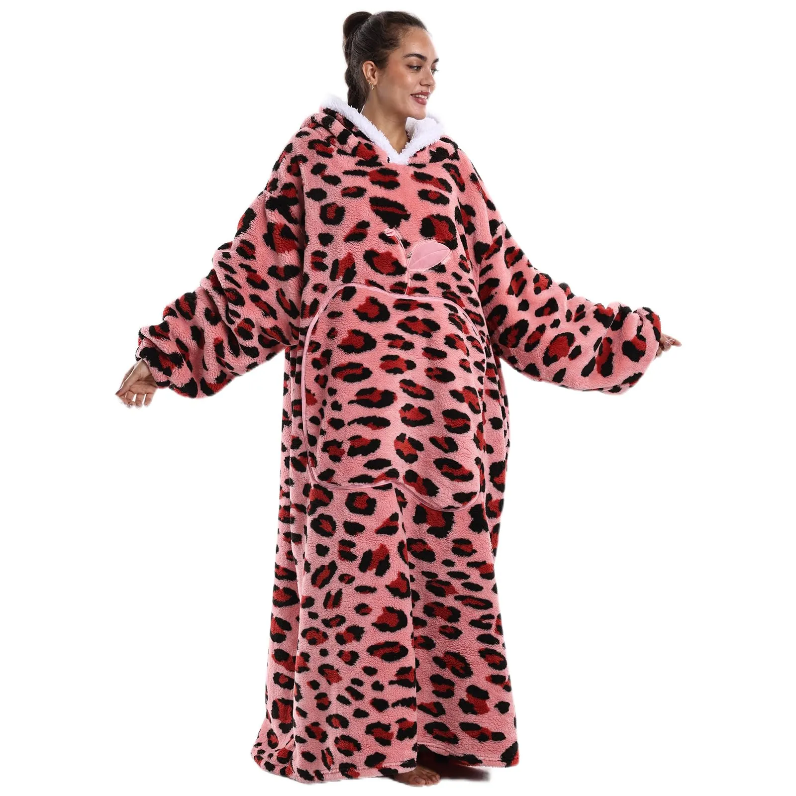 Gegeryozer Coperta ultra morbida con cappuccio, con maniche, calda coperta in flanella, da indossare per casa, divano e letto, coperta con cappuccio, Leopardo rosa, Taglia unica - immagine 1