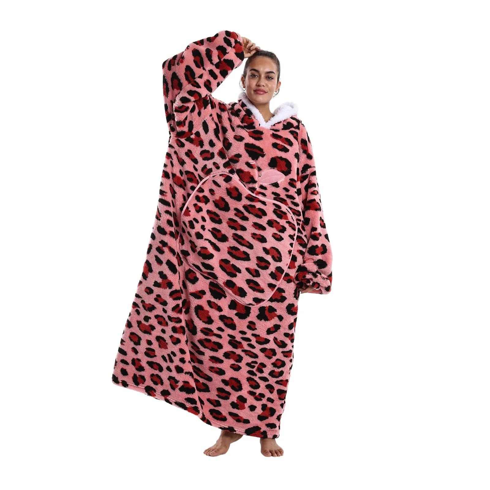 Gegeryozer Coperta ultra morbida con cappuccio, con maniche, calda coperta in flanella, da indossare per casa, divano e letto, coperta con cappuccio, Leopardo rosa, Taglia unica - immagine 2