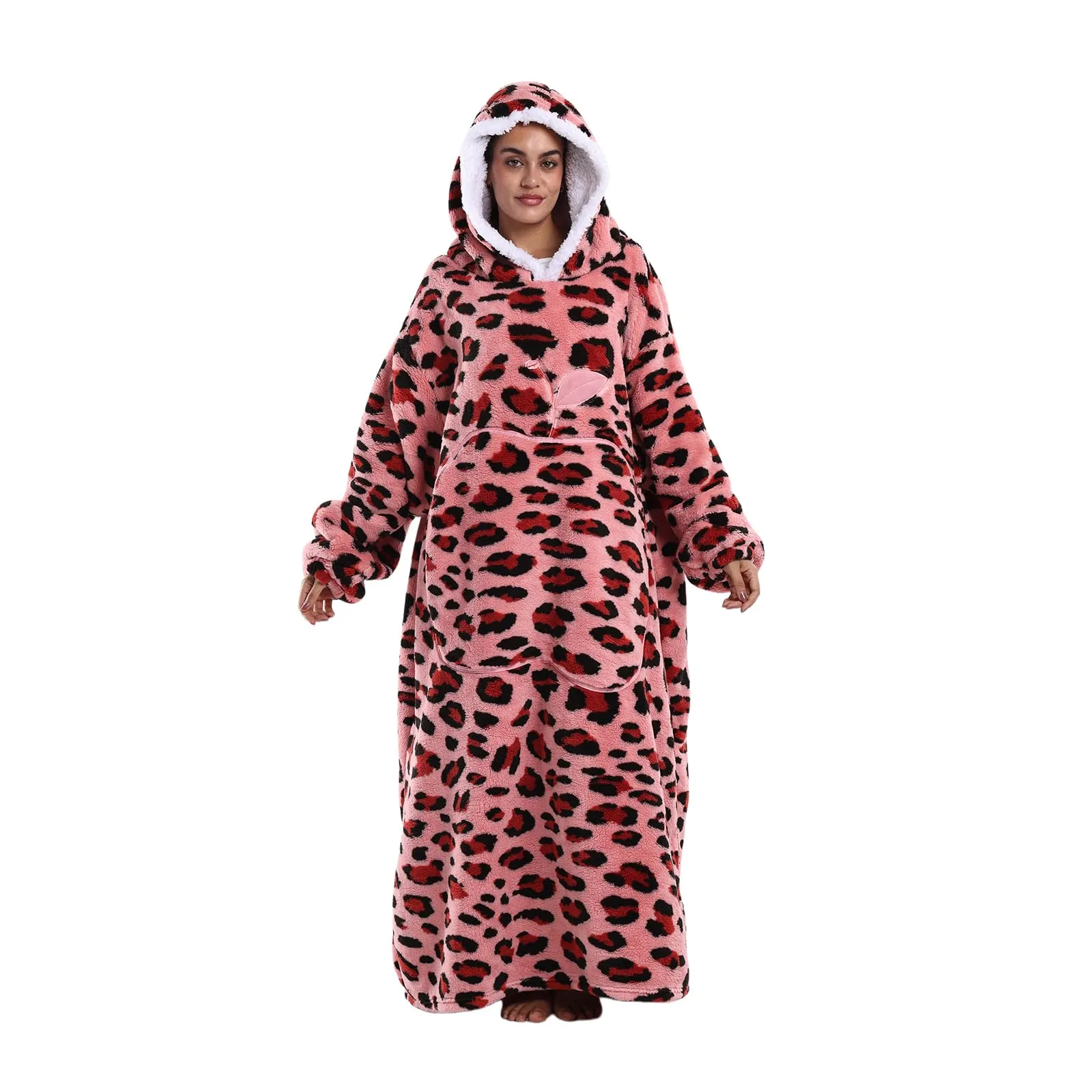 Gegeryozer Coperta ultra morbida con cappuccio, con maniche, calda coperta in flanella, da indossare per casa, divano e letto, coperta con cappuccio, Leopardo rosa, Taglia unica - immagine 3
