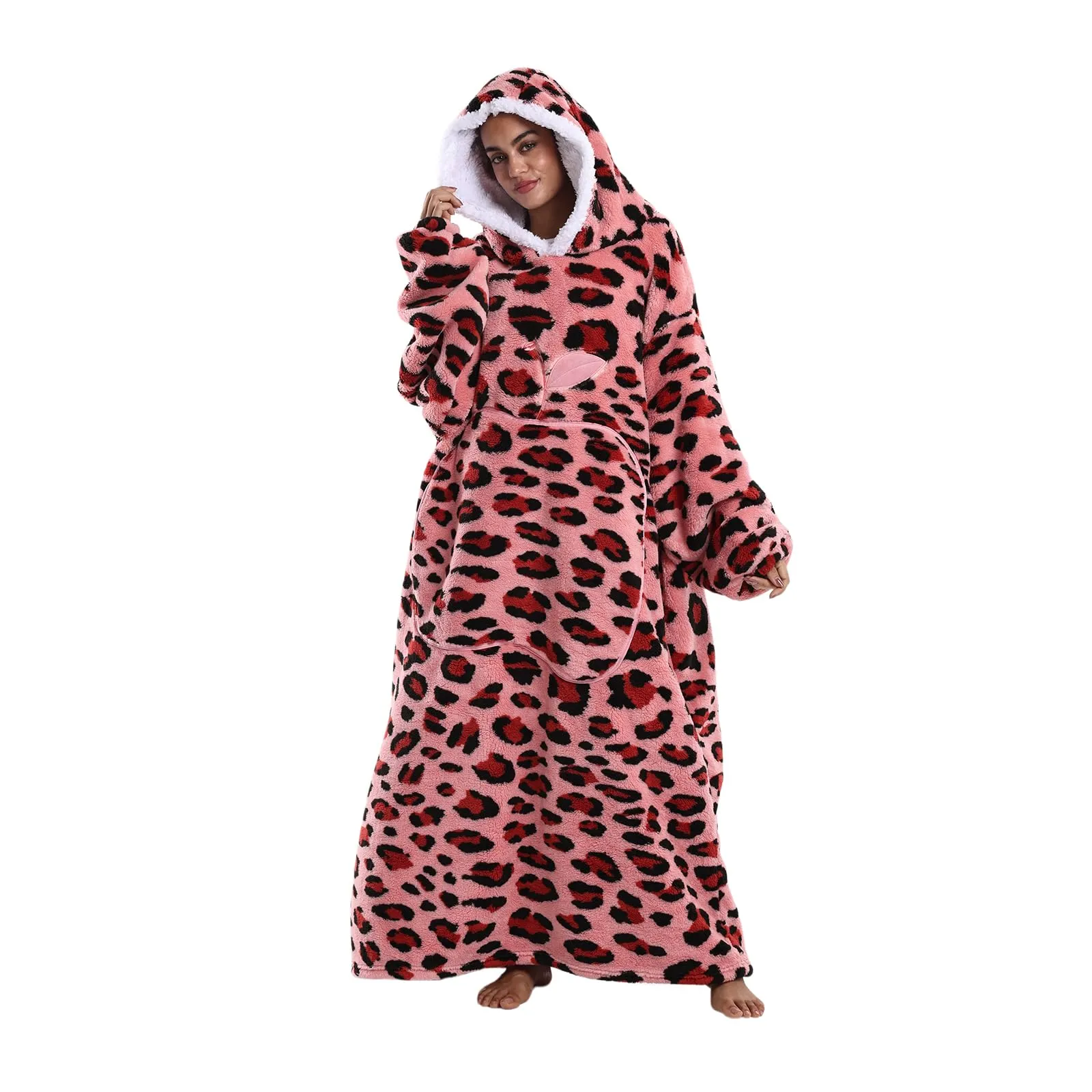 Gegeryozer Coperta ultra morbida con cappuccio, con maniche, calda coperta in flanella, da indossare per casa, divano e letto, coperta con cappuccio, Leopardo rosa, Taglia unica - immagine 5