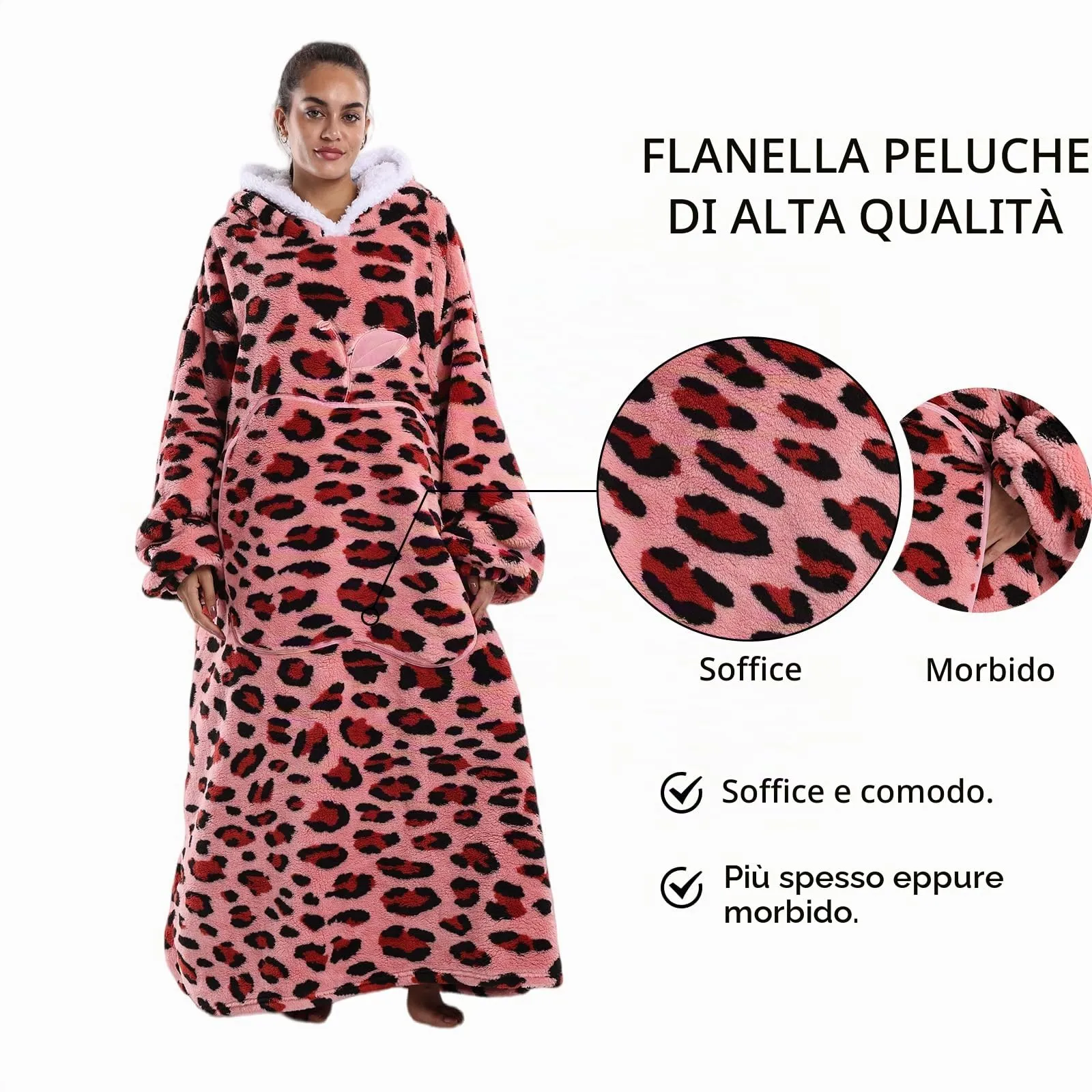 Gegeryozer Coperta ultra morbida con cappuccio, con maniche, calda coperta in flanella, da indossare per casa, divano e letto, coperta con cappuccio, Leopardo rosa, Taglia unica - immagine 6