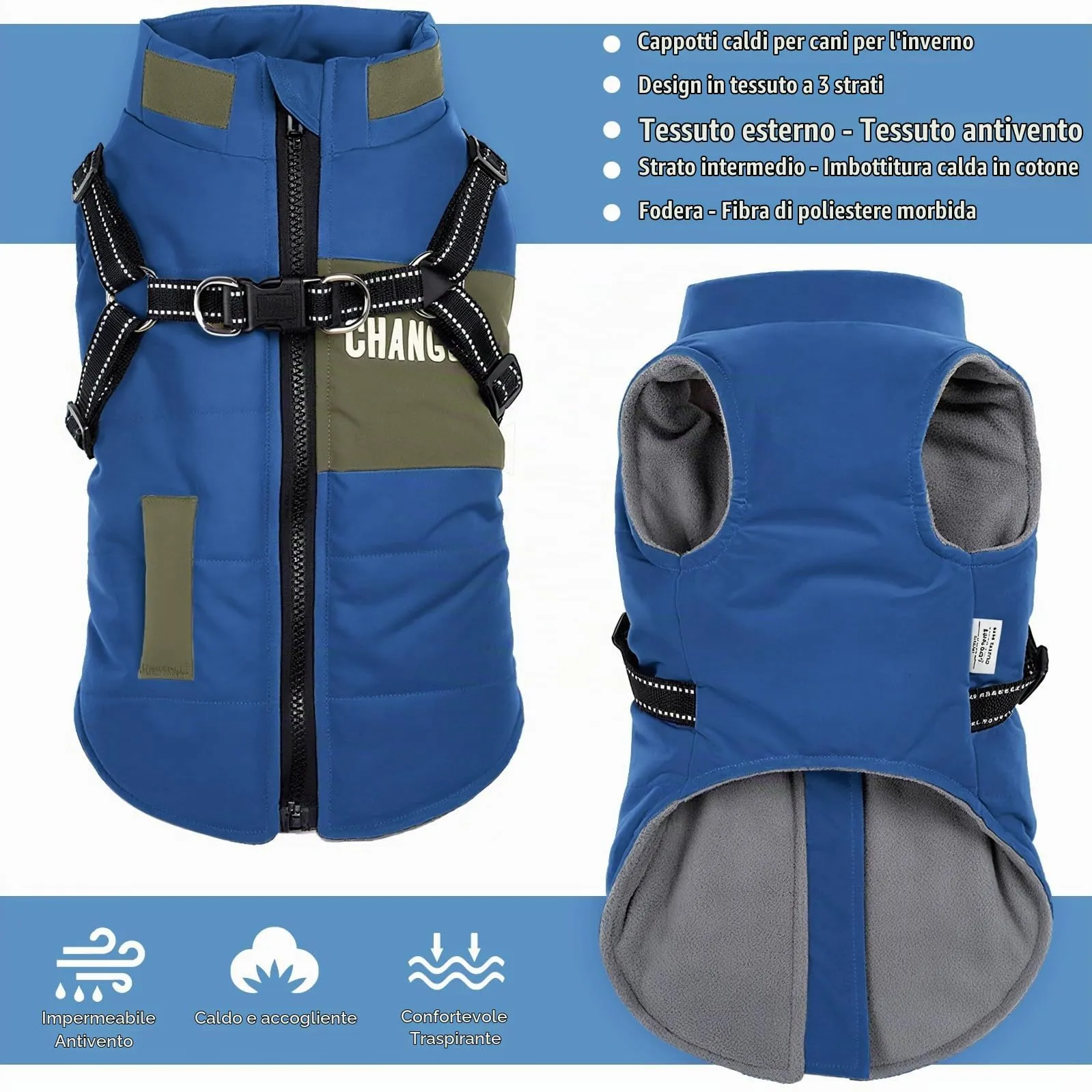 Oslueidy Giubbotti invernali per cani,Cappotti caldi per cani Vestiti per cani Abbigliamento per cani Gilet impermeabile per cuccioli con pettorina per cani di piccola taglia media - immagine 4