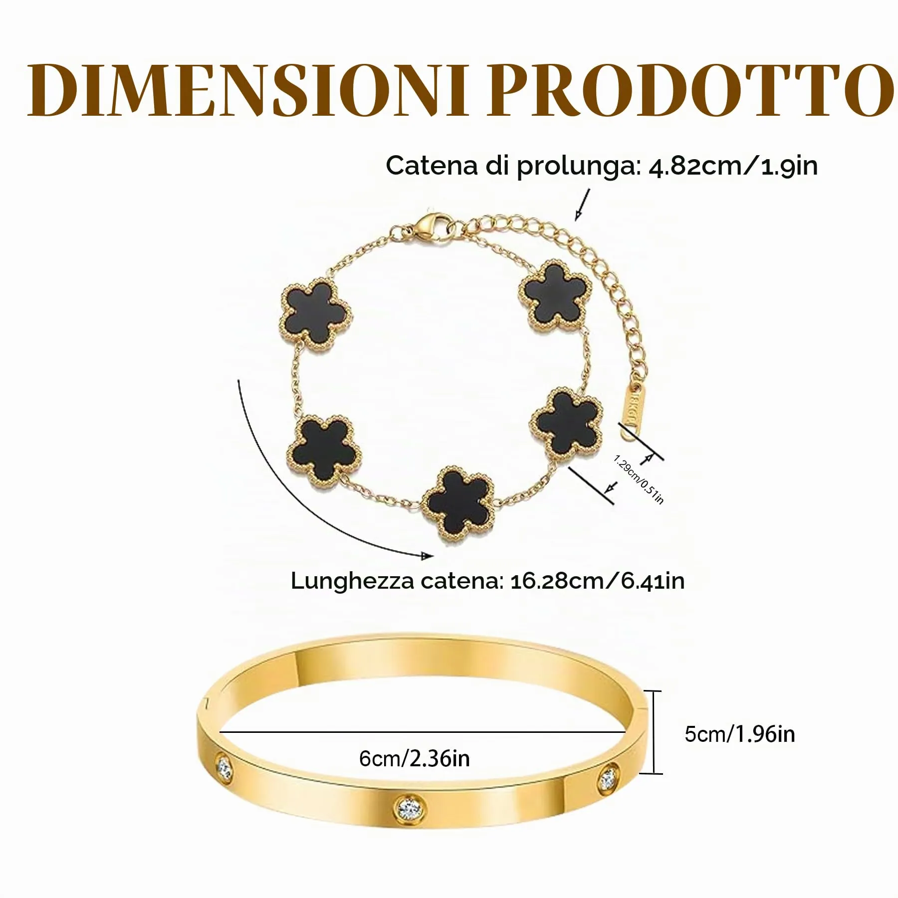 LIUYIDM Bracciale Donna Gioielli con Quadrifoglio Dorato Four Leaf Clover Bracelet Accessori Eleganti Gioielli Quadrifoglio Donna Vita Quotidiana, Regali di Compleanno con Portafortuna (Nero) - immagine 2