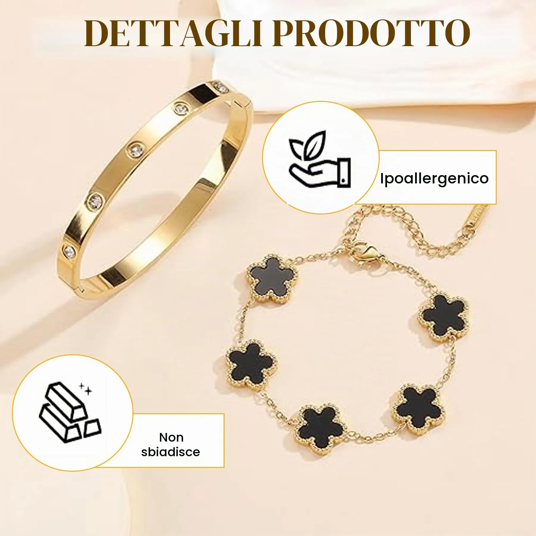LIUYIDM Bracciale Donna Gioielli con Quadrifoglio Dorato Four Leaf Clover Bracelet Accessori Eleganti Gioielli Quadrifoglio Donna Vita Quotidiana, Regali di Compleanno con Portafortuna (Nero) - immagine 3