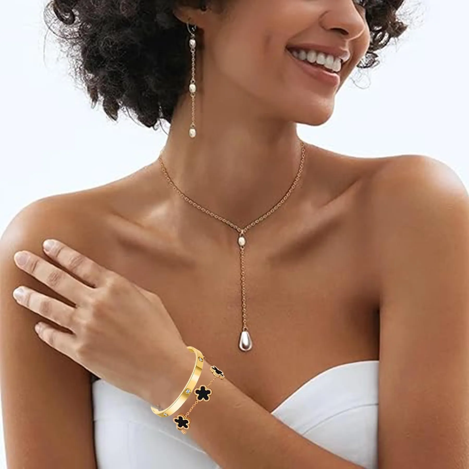 LIUYIDM Bracciale Donna Gioielli con Quadrifoglio Dorato Four Leaf Clover Bracelet Accessori Eleganti Gioielli Quadrifoglio Donna Vita Quotidiana, Regali di Compleanno con Portafortuna (Nero) - immagine 5