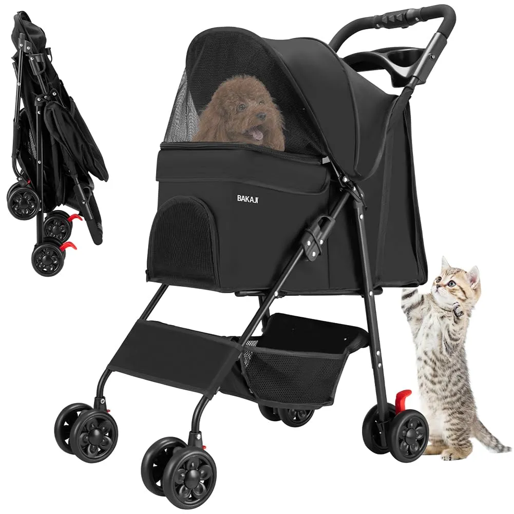 BAKAJI Passeggino per Animali Domestici Carico Massimo 30kg, Carrozzina per Cani e Gatti Pieghevole e Salvaspazio con Cestello Portaoggetti e Ruote Bloccabili, Cappottina Protettiva Anti UV (Nero) - immagine 1