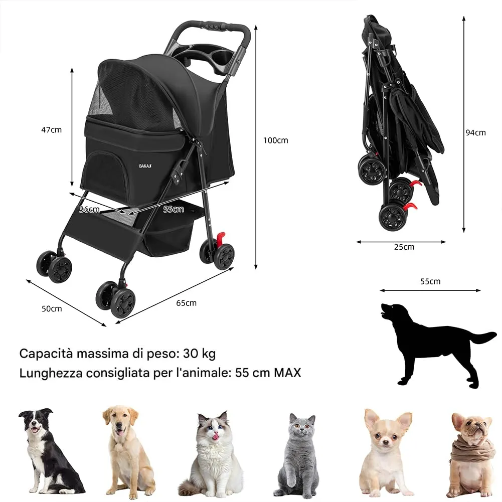 BAKAJI Passeggino per Animali Domestici Carico Massimo 30kg, Carrozzina per Cani e Gatti Pieghevole e Salvaspazio con Cestello Portaoggetti e Ruote Bloccabili, Cappottina Protettiva Anti UV (Nero) - immagine 3