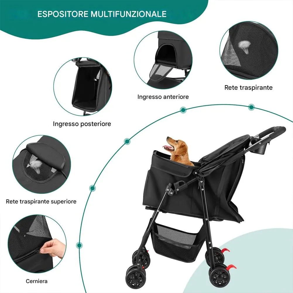 BAKAJI Passeggino per Animali Domestici Carico Massimo 30kg, Carrozzina per Cani e Gatti Pieghevole e Salvaspazio con Cestello Portaoggetti e Ruote Bloccabili, Cappottina Protettiva Anti UV (Nero) - immagine 4