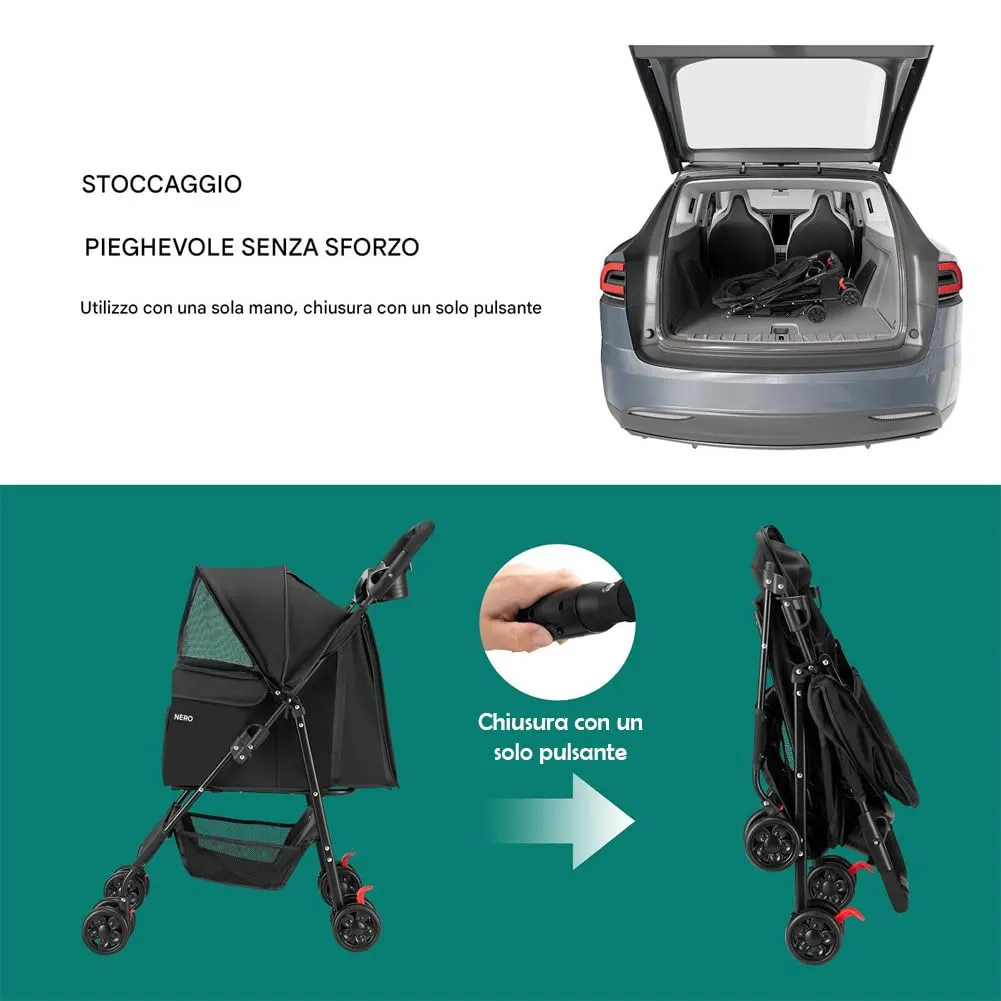 BAKAJI Passeggino per Animali Domestici Carico Massimo 30kg, Carrozzina per Cani e Gatti Pieghevole e Salvaspazio con Cestello Portaoggetti e Ruote Bloccabili, Cappottina Protettiva Anti UV (Nero) - immagine 6