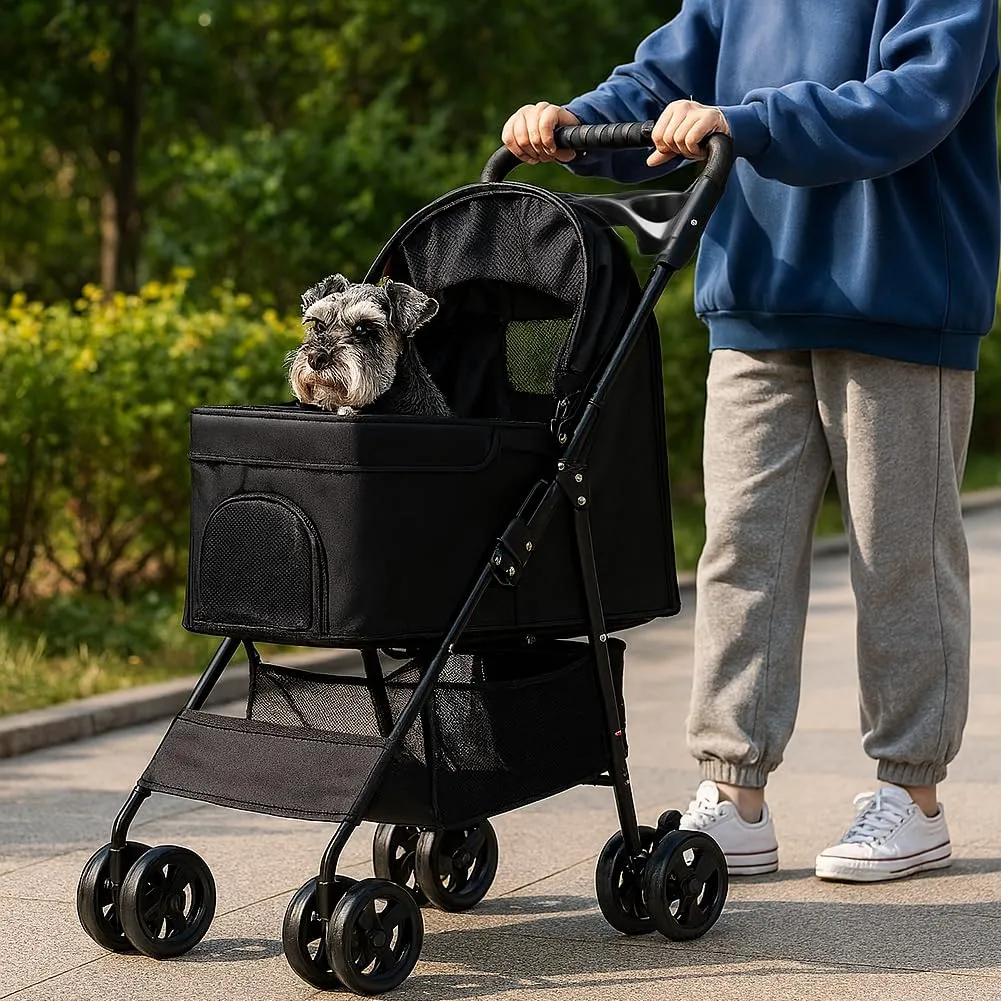 BAKAJI Passeggino per Animali Domestici Carico Massimo 30kg, Carrozzina per Cani e Gatti Pieghevole e Salvaspazio con Cestello Portaoggetti e Ruote Bloccabili, Cappottina Protettiva Anti UV (Nero) - immagine 7