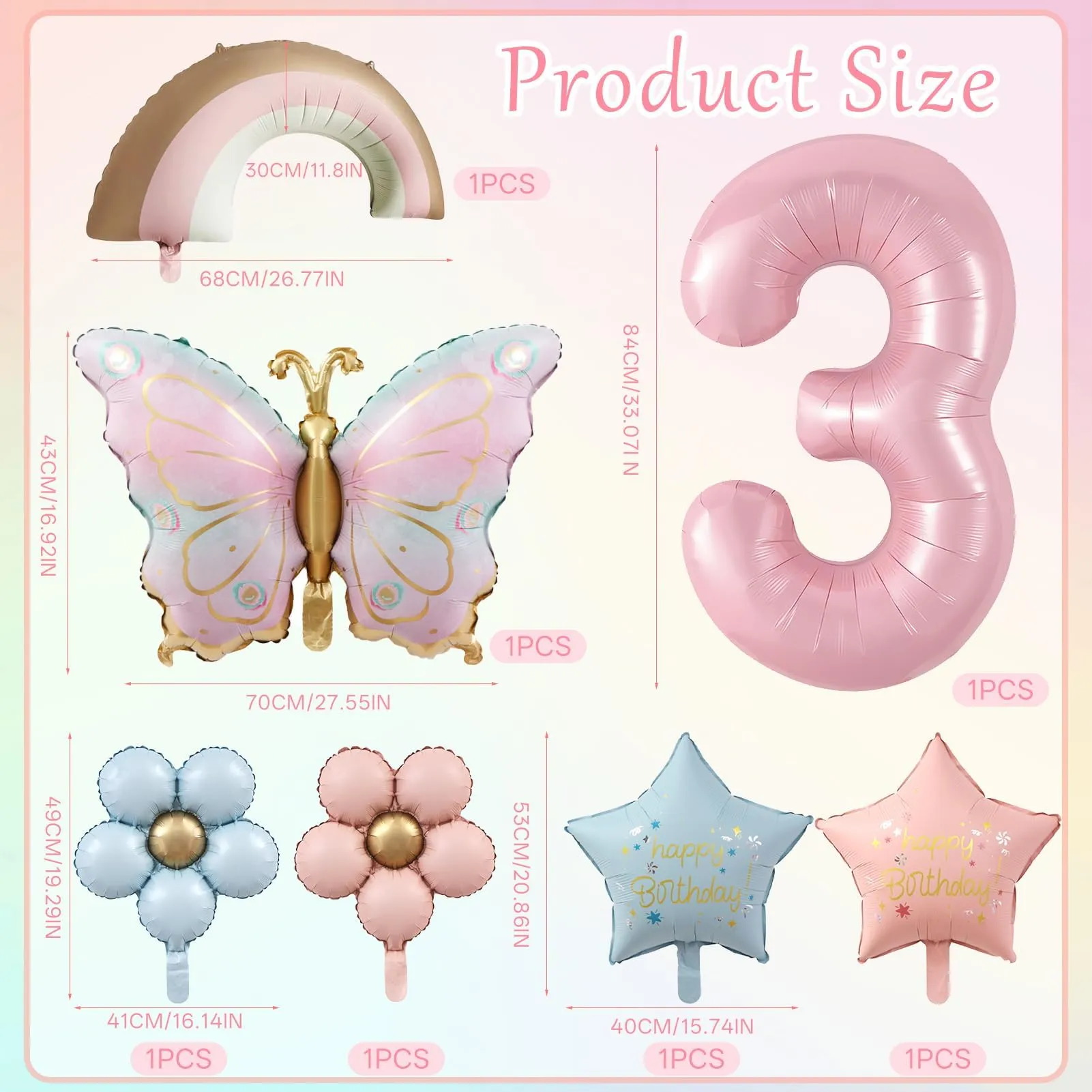 7 Pezzi Palloncini Farfalla 3 Anni, Farfalle Compleanno Decorazione - immagine 2