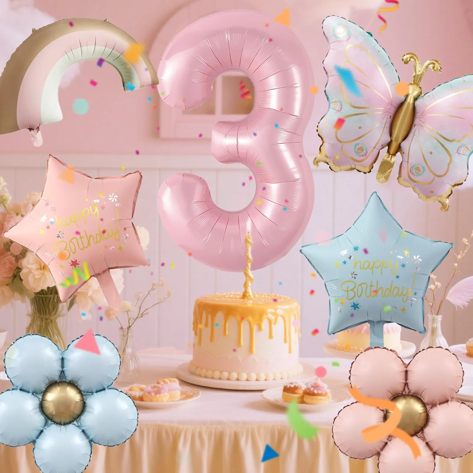 7 Pezzi Palloncini Farfalla 3 Anni, Farfalle Compleanno Decorazione - immagine 4