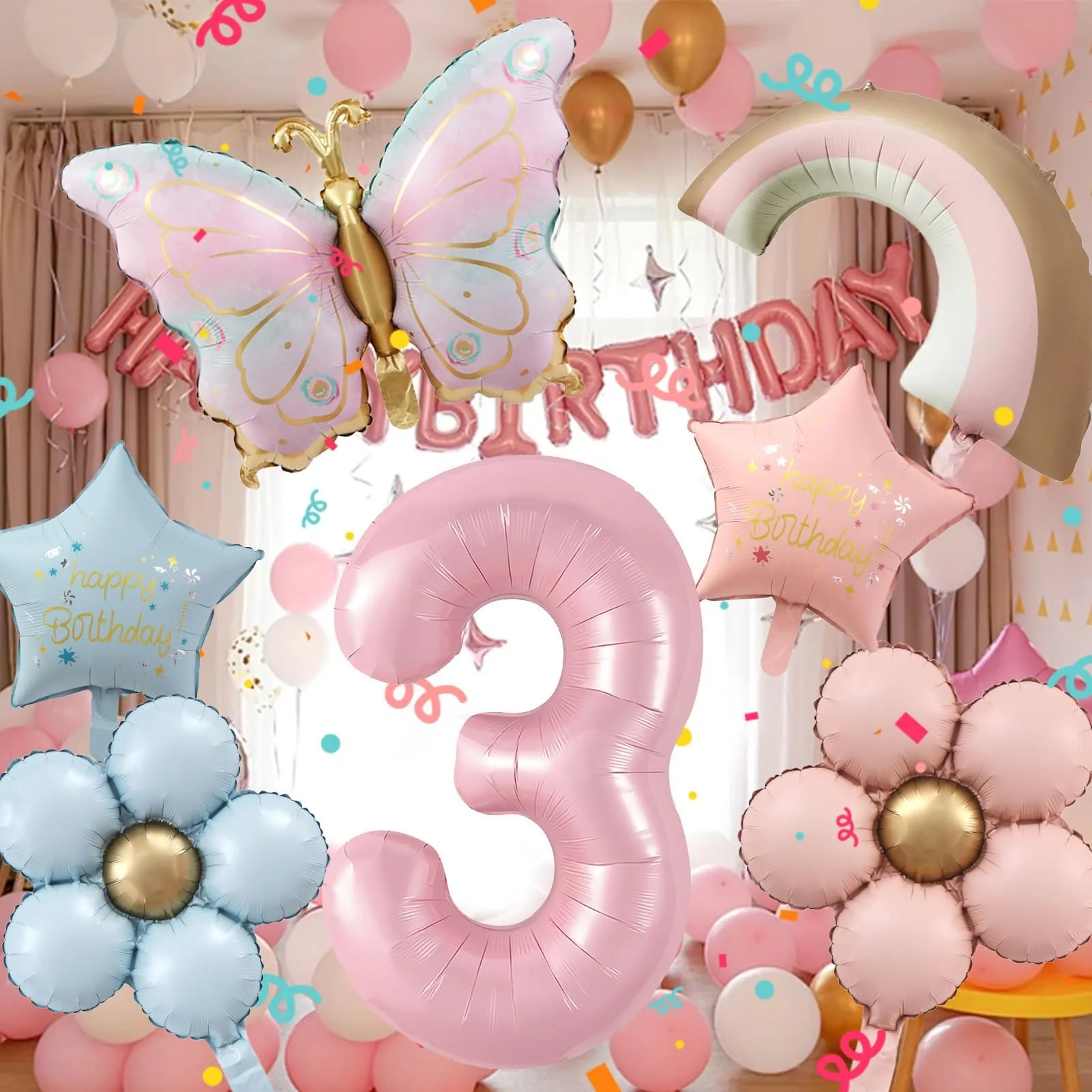 7 Pezzi Palloncini Farfalla 3 Anni, Farfalle Compleanno Decorazione - immagine 5