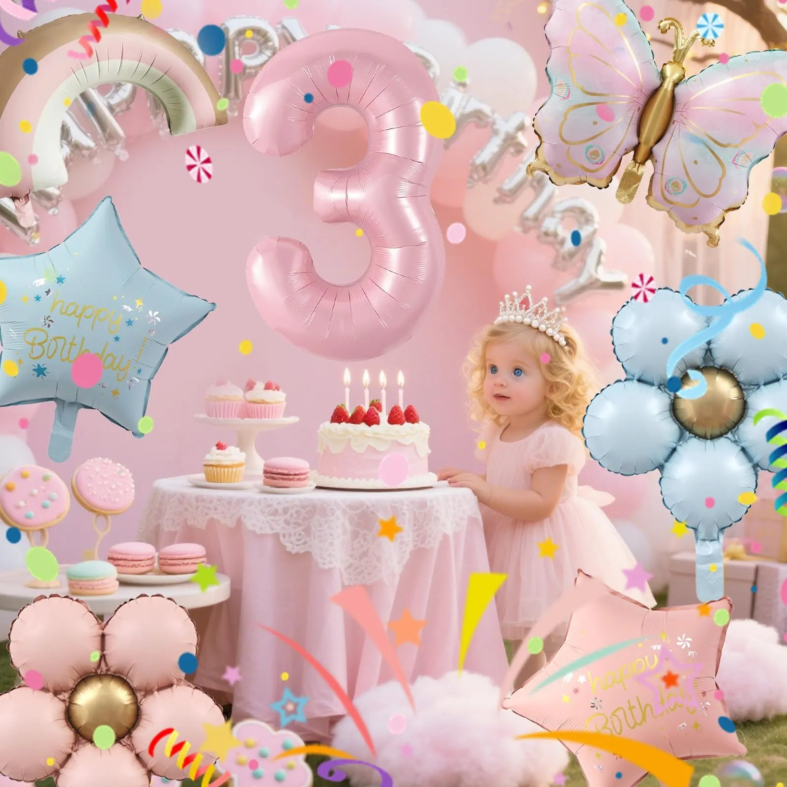 7 Pezzi Palloncini Farfalla 3 Anni, Farfalle Compleanno Decorazione - immagine 6