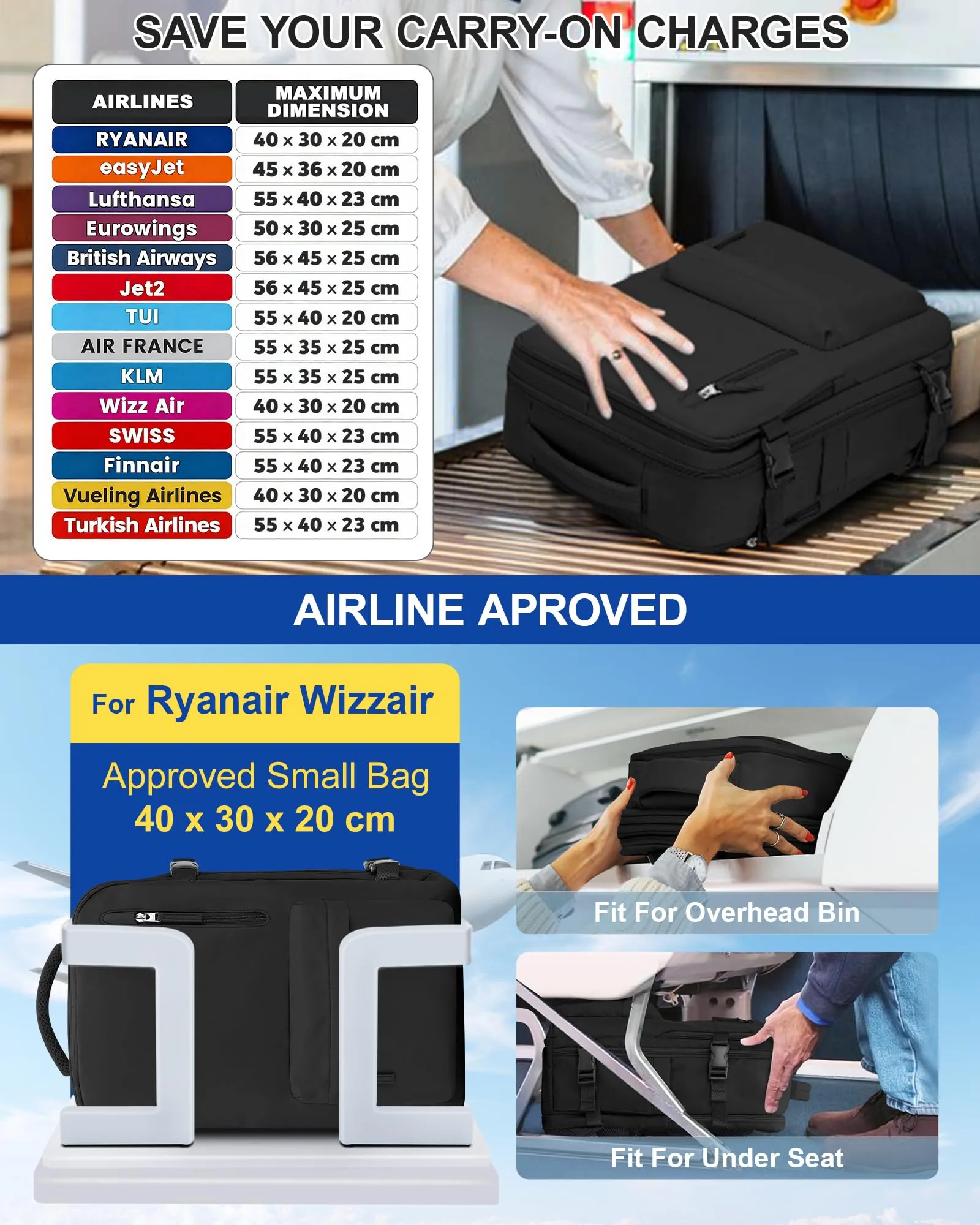 SZLX Zaino Ryanair 40x30x20 Sottovuoto Zaino da Viaggio 40x30x20 Wizzair Bagaglio a Mano Vueling 40x20x30 Donna Uomo Borsa da Cabina Adatto a Laptop da 14 Pollici con porta USB e Scomparto per Scarpe - immagine 5