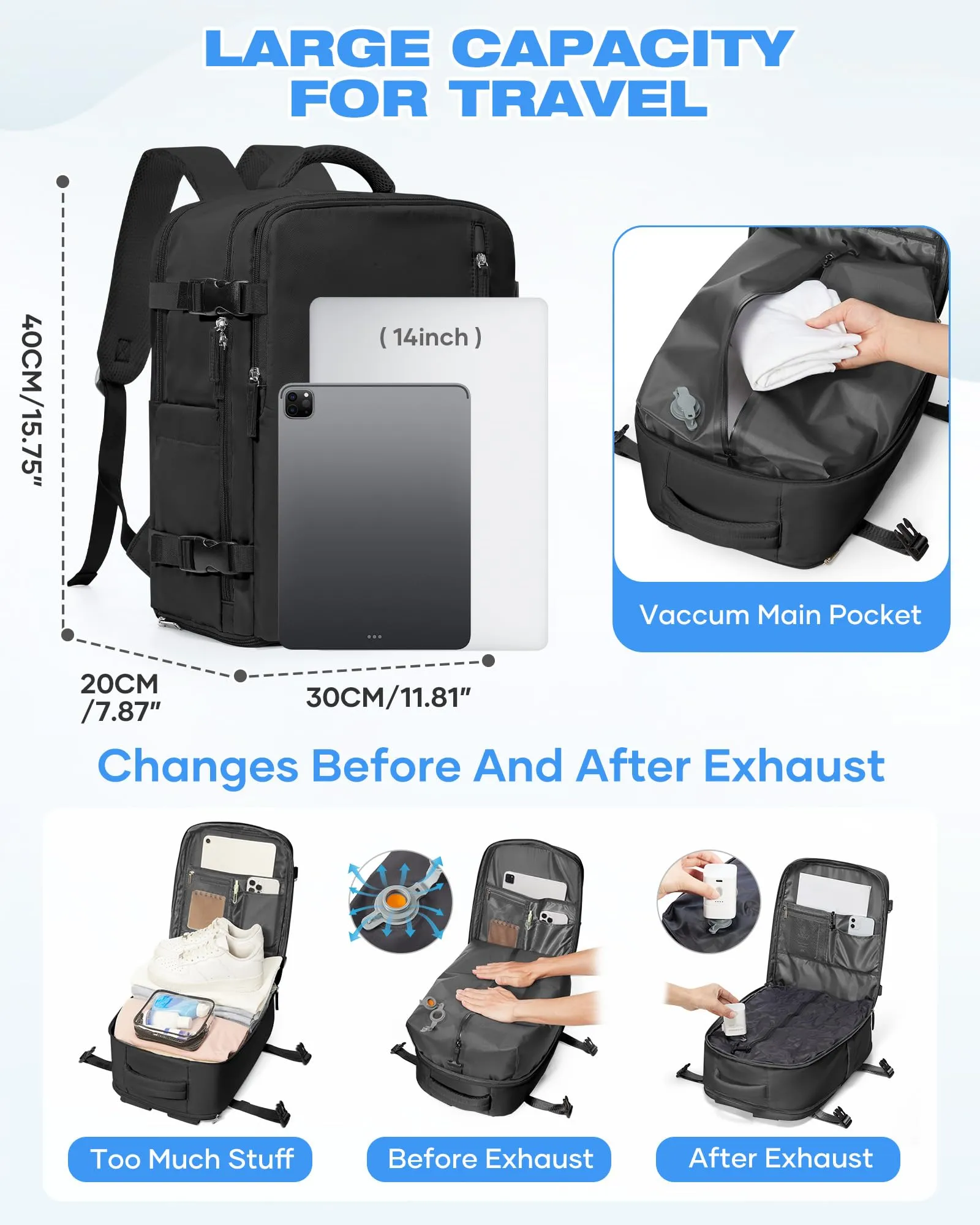 SZLX Zaino Ryanair 40x30x20 Sottovuoto Zaino da Viaggio 40x30x20 Wizzair Bagaglio a Mano Vueling 40x20x30 Donna Uomo Borsa da Cabina Adatto a Laptop da 14 Pollici con porta USB e Scomparto per Scarpe - immagine 7