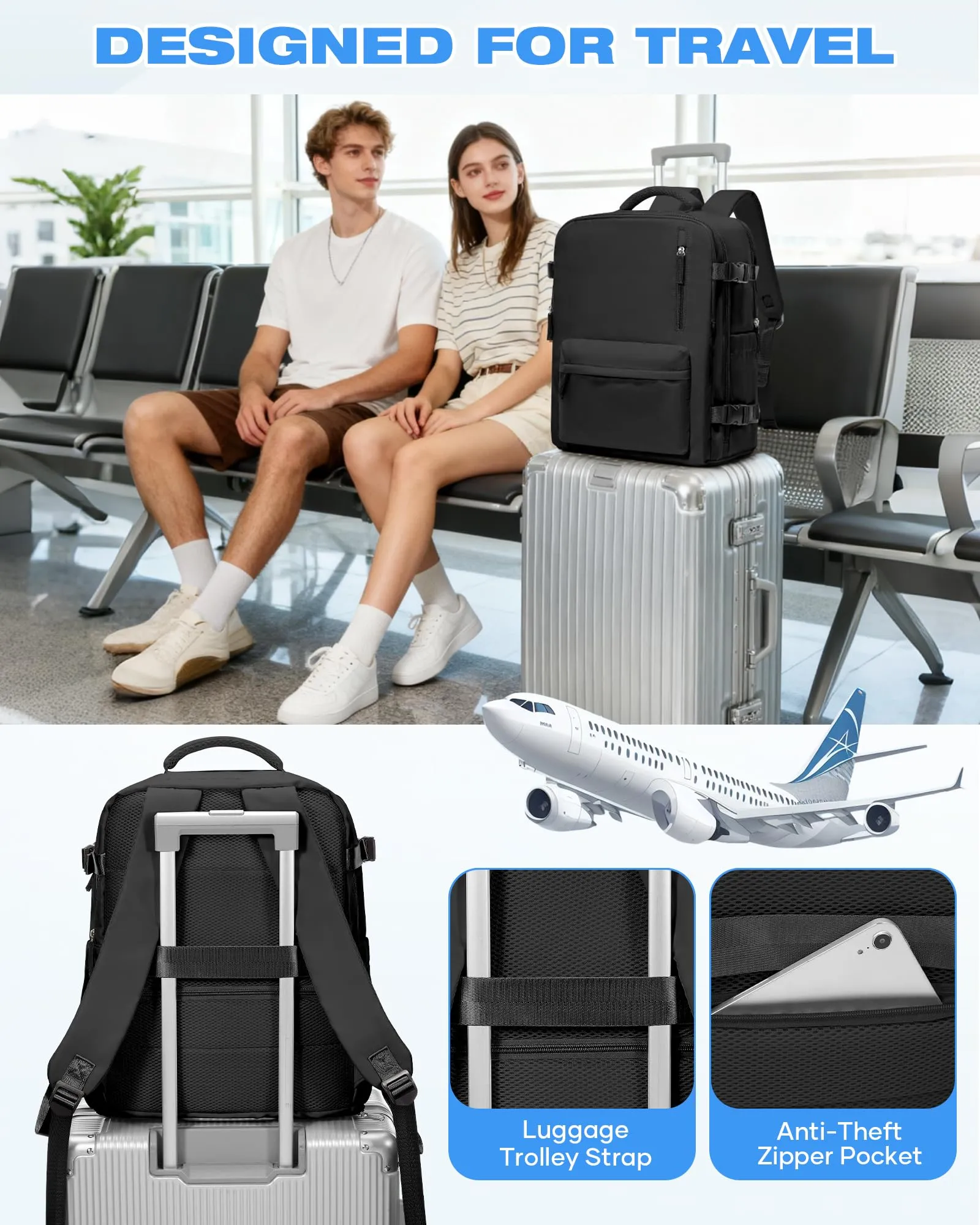 SZLX Zaino Ryanair 40x30x20 Sottovuoto Zaino da Viaggio 40x30x20 Wizzair Bagaglio a Mano Vueling 40x20x30 Donna Uomo Borsa da Cabina Adatto a Laptop da 14 Pollici con porta USB e Scomparto per Scarpe - immagine 9