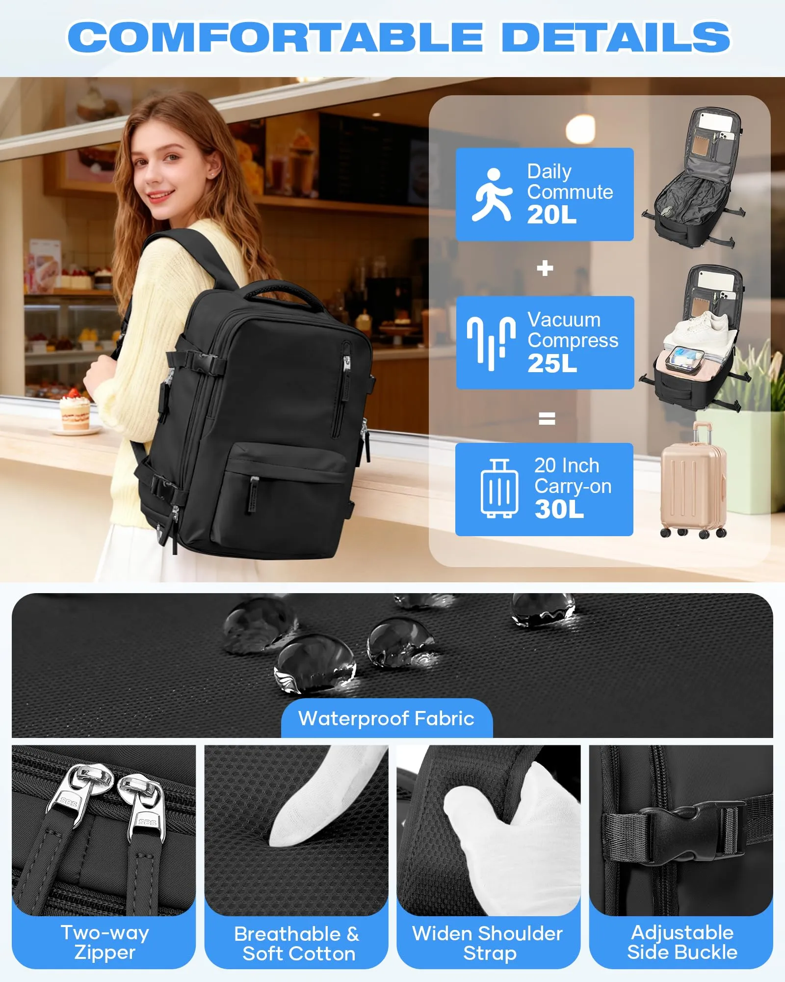 SZLX Zaino Ryanair 40x30x20 Sottovuoto Zaino da Viaggio 40x30x20 Wizzair Bagaglio a Mano Vueling 40x20x30 Donna Uomo Borsa da Cabina Adatto a Laptop da 14 Pollici con porta USB e Scomparto per Scarpe - immagine 11