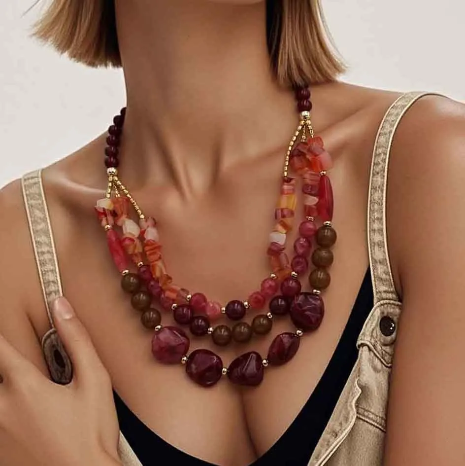 Carufin - Set di gioielli con collana a più strati e perle regolabili, ciondolo a catena sulla clavicola, collana e orecchini in corallo bordeaux, per donne - immagine 2