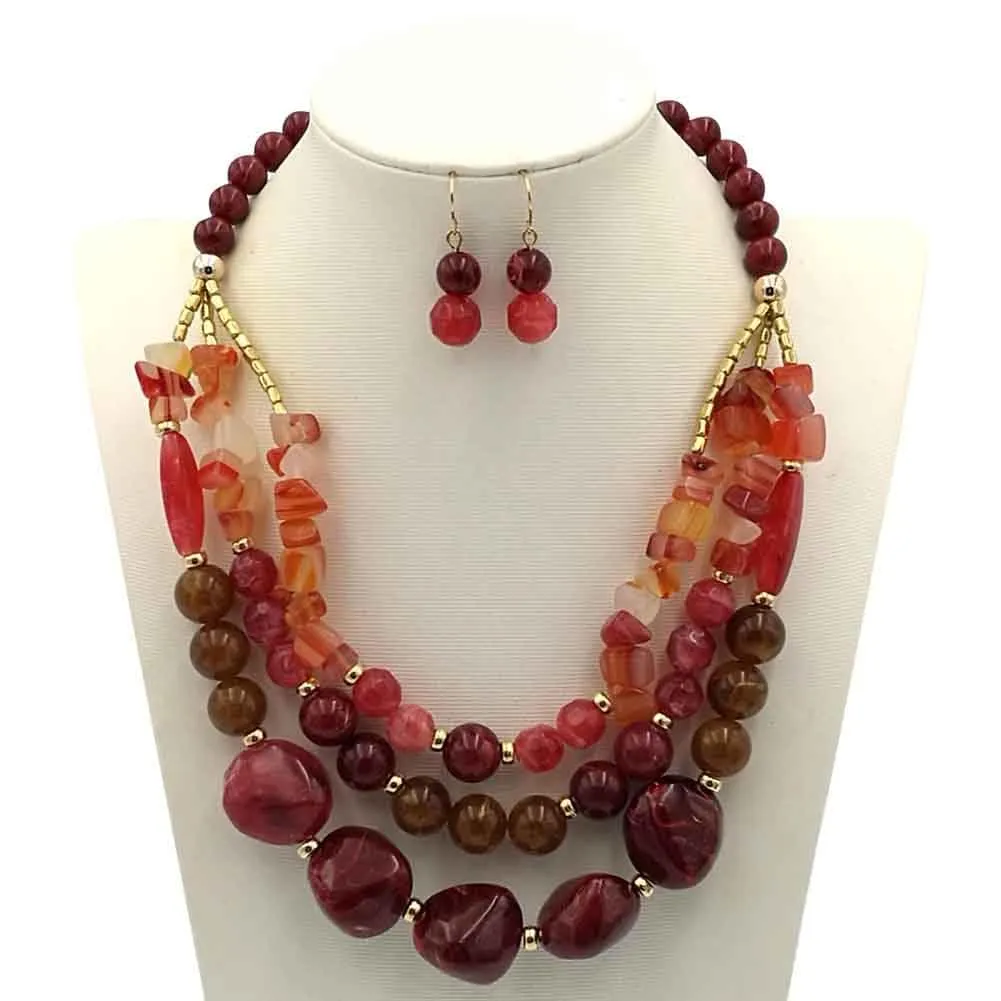 Carufin - Set di gioielli con collana a più strati e perle regolabili, ciondolo a catena sulla clavicola, collana e orecchini in corallo bordeaux, per donne - immagine 3