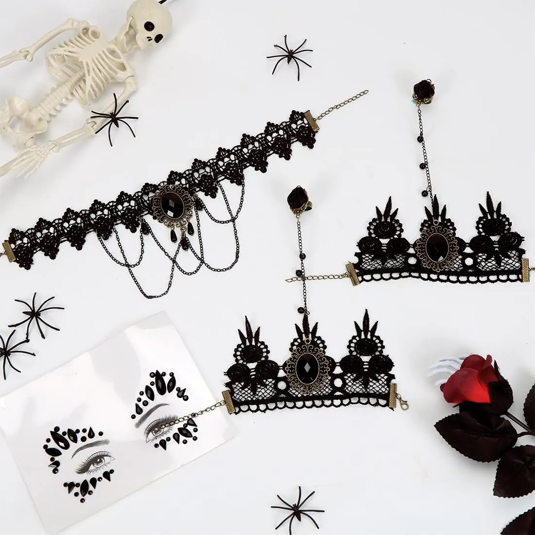 Augesak Halloween Gothic Schmuckck, 4 pezzi Halloween Vampir Accessori Damen, Retro Spitze Vampir Zubehör - immagine 4