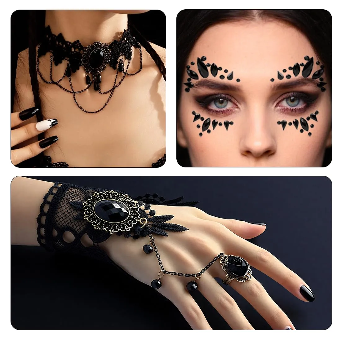 Augesak Halloween Gothic Schmuckck, 4 pezzi Halloween Vampir Accessori Damen, Retro Spitze Vampir Zubehör - immagine 5