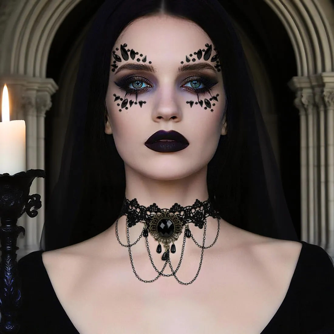 Augesak Halloween Gothic Schmuckck, 4 pezzi Halloween Vampir Accessori Damen, Retro Spitze Vampir Zubehör - immagine 6
