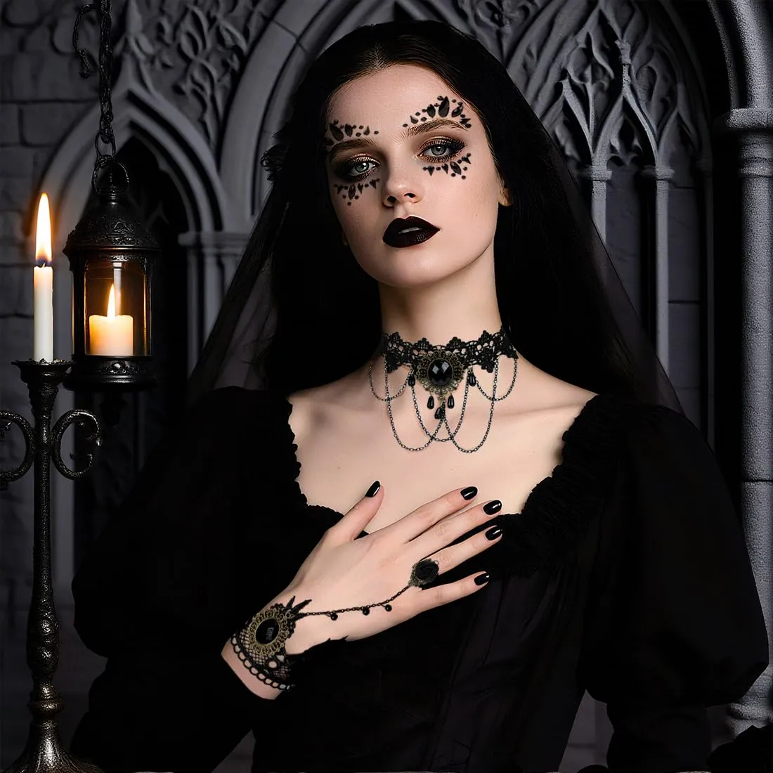 Augesak Halloween Gothic Schmuckck, 4 pezzi Halloween Vampir Accessori Damen, Retro Spitze Vampir Zubehör - immagine 7