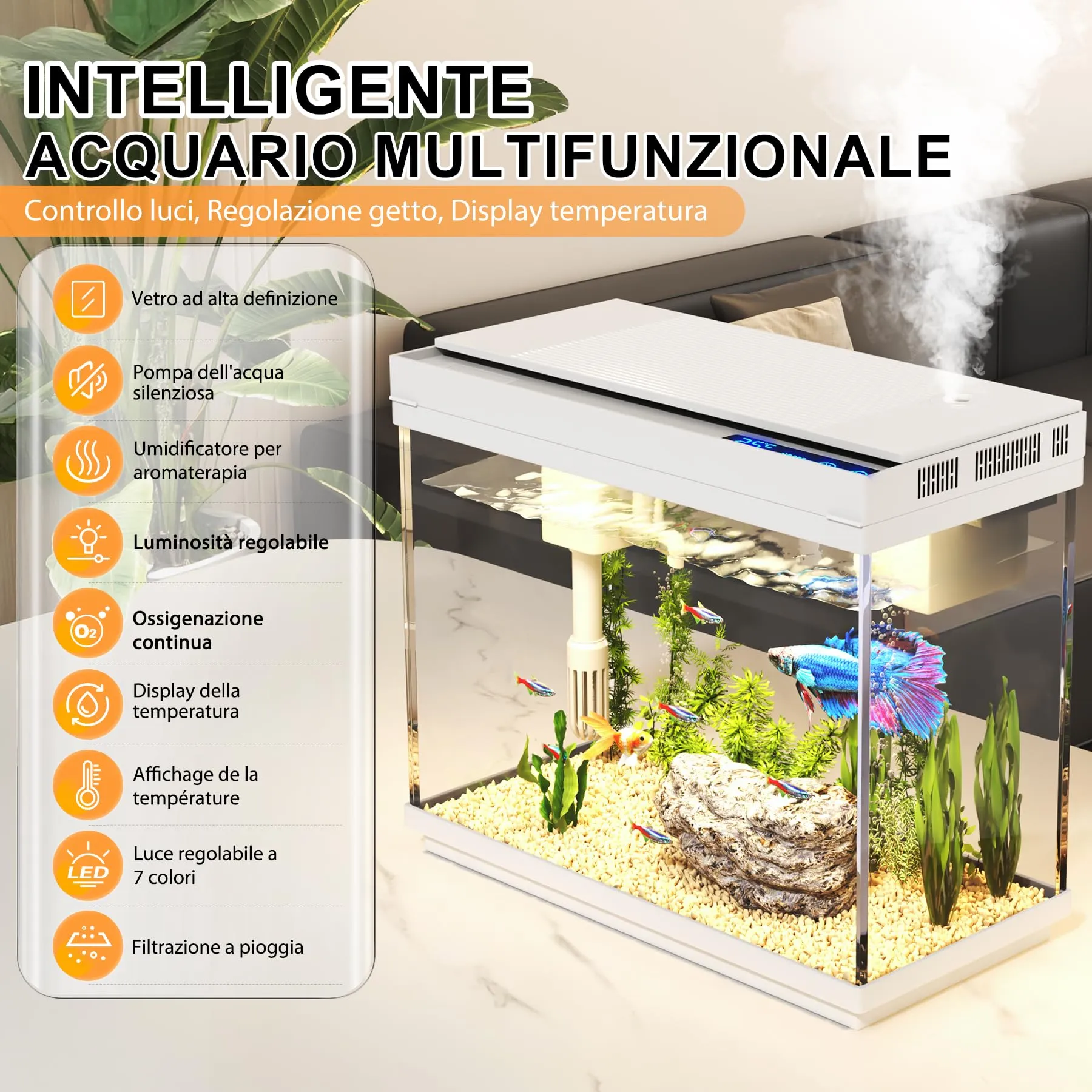 Vehipa Vasca Acquarioi - Acquario 9L con Umidificatore Intelligente, Sistemi Autocircolanti 3 in 1, Display della Temperatura, Illuminazione a 7 Colori - immagine 2