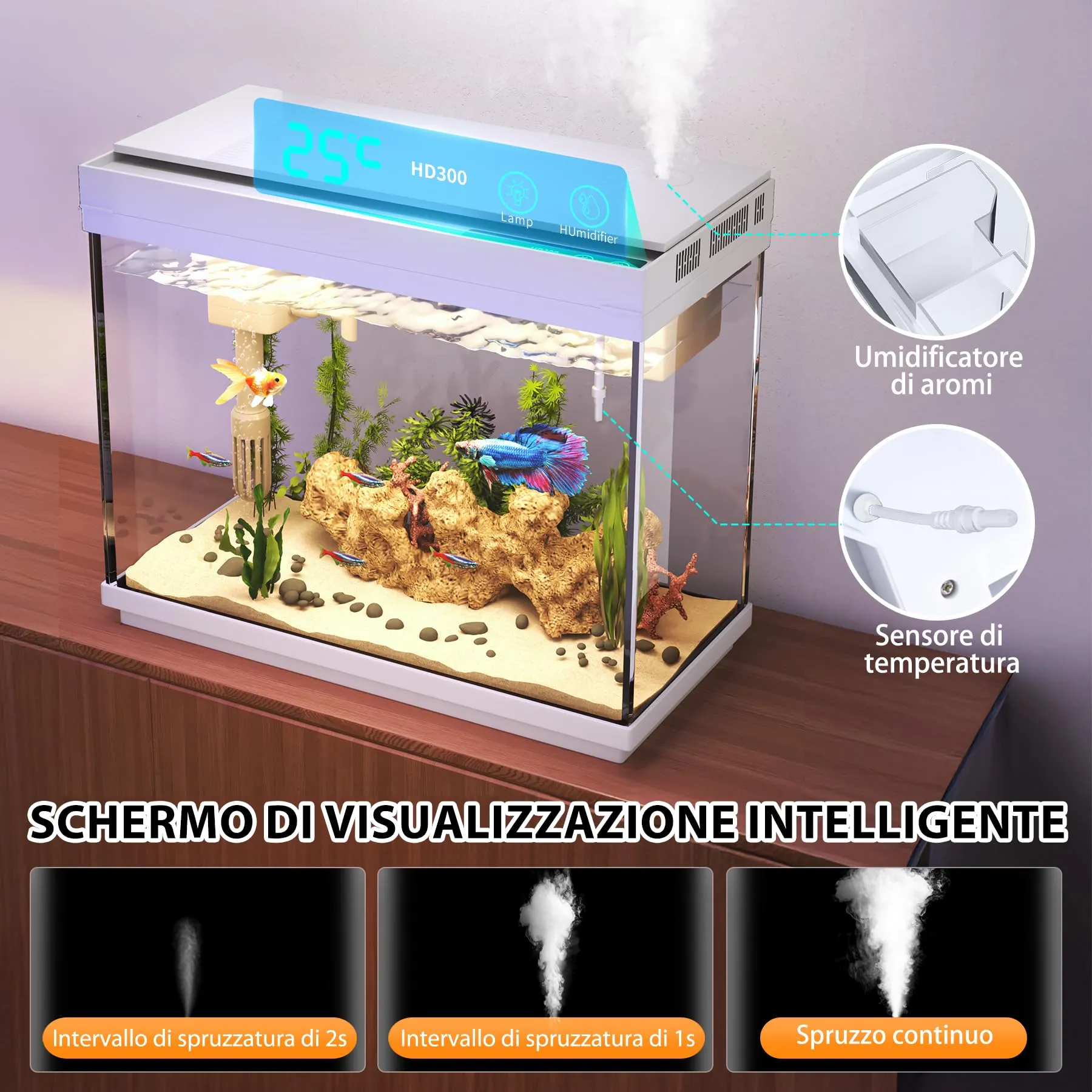 Vehipa Vasca Acquarioi - Acquario 9L con Umidificatore Intelligente, Sistemi Autocircolanti 3 in 1, Display della Temperatura, Illuminazione a 7 Colori - immagine 6