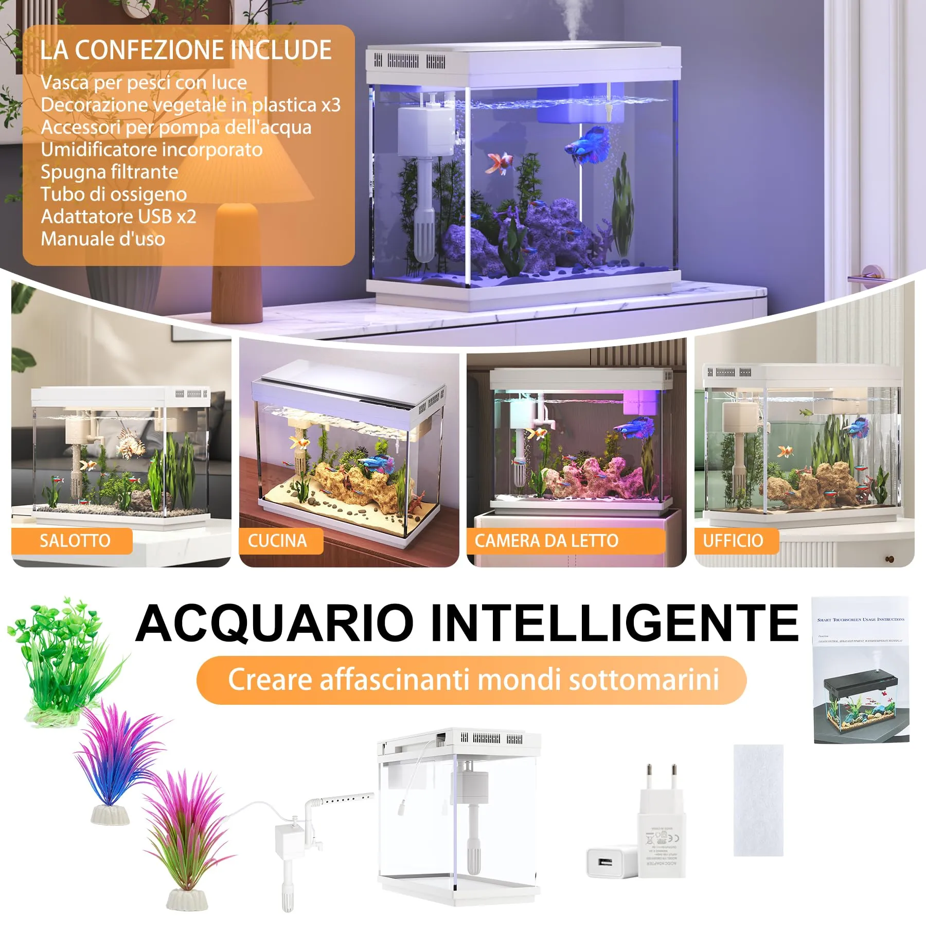 Vehipa Vasca Acquarioi - Acquario 9L con Umidificatore Intelligente, Sistemi Autocircolanti 3 in 1, Display della Temperatura, Illuminazione a 7 Colori - immagine 7