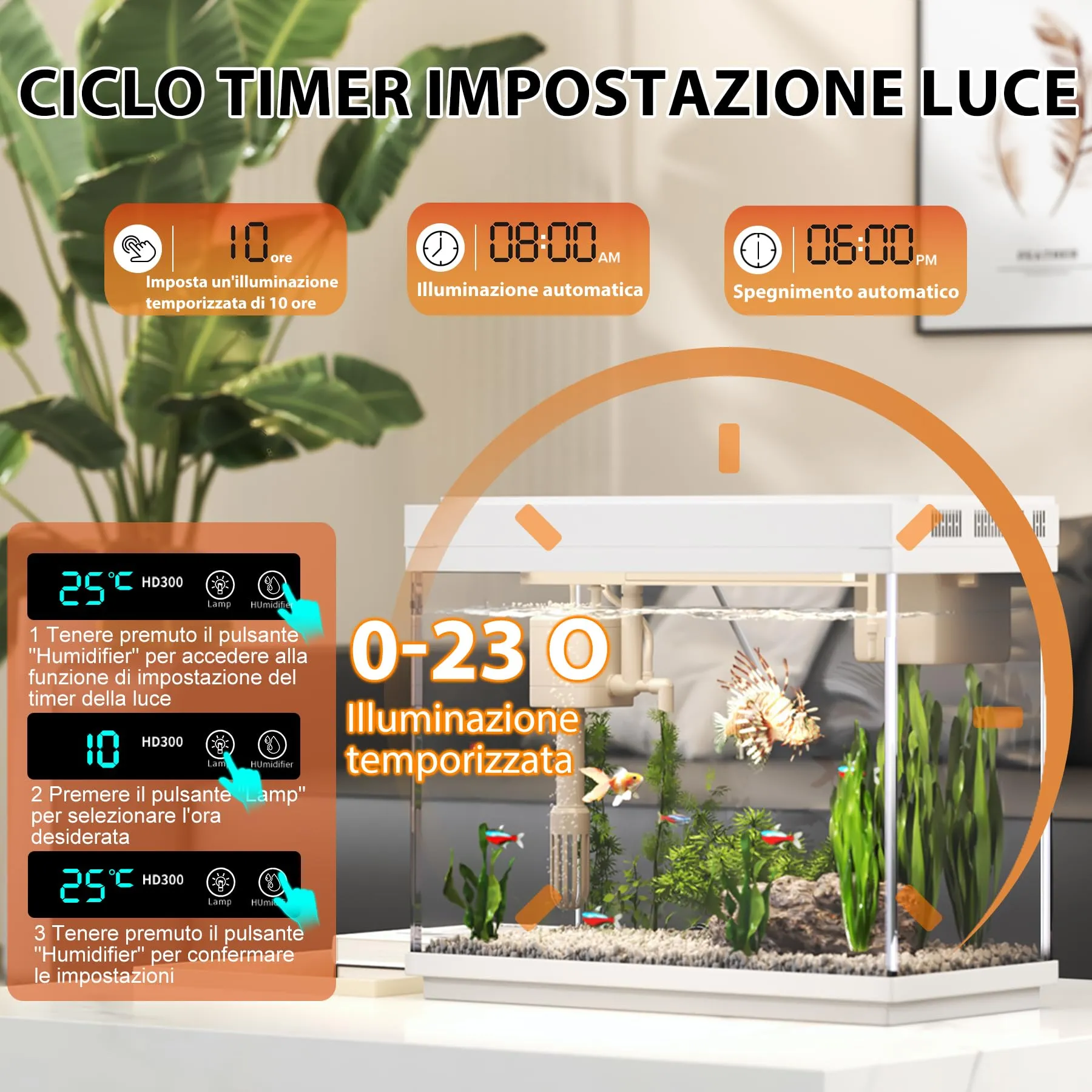 Vehipa Vasca Acquarioi - Acquario 9L con Umidificatore Intelligente, Sistemi Autocircolanti 3 in 1, Display della Temperatura, Illuminazione a 7 Colori - immagine 8