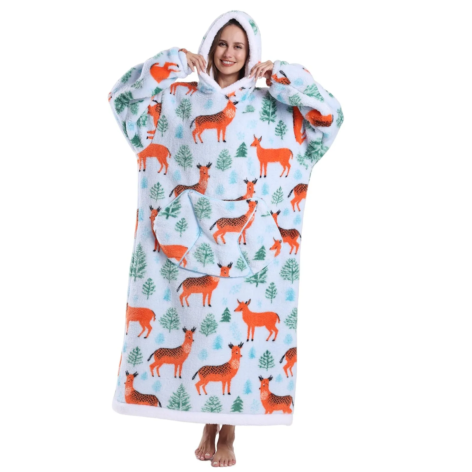 JOREAY Coperta con cappuccio extra lunga oversize da donna, coperta indossabile in pile, soffice felpa gigante con cappuccio per adolescenti, Cervo, Oversized - immagine 1