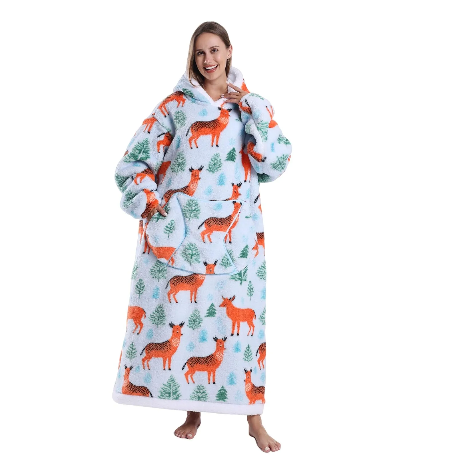 JOREAY Coperta con cappuccio extra lunga oversize da donna, coperta indossabile in pile, soffice felpa gigante con cappuccio per adolescenti, Cervo, Oversized - immagine 2
